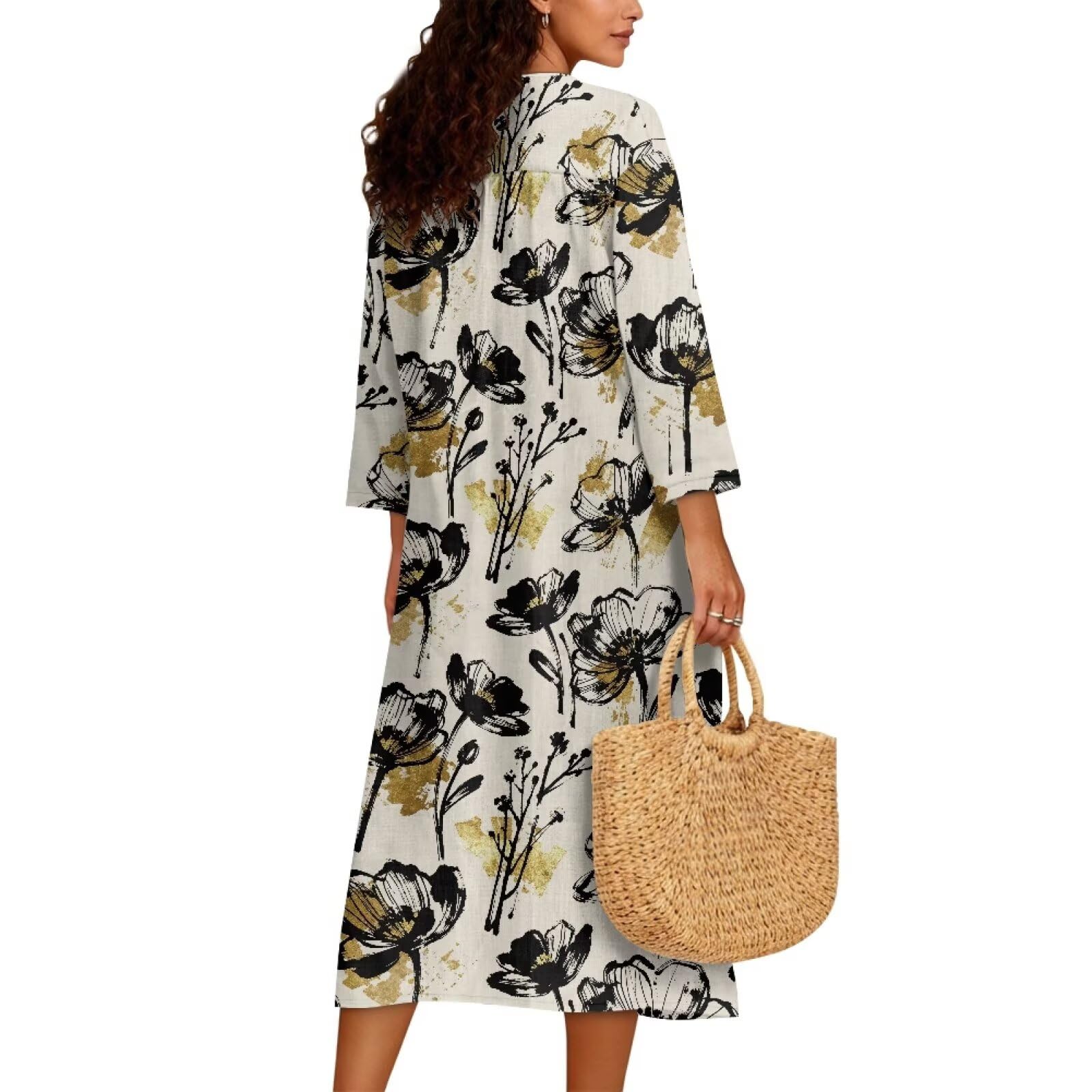 Wanyint Linen-Like - Vestido largo para mujer, manga 3/4, cuello en V, ajuste holgado, casual, para todo el año, tallas S-4XL