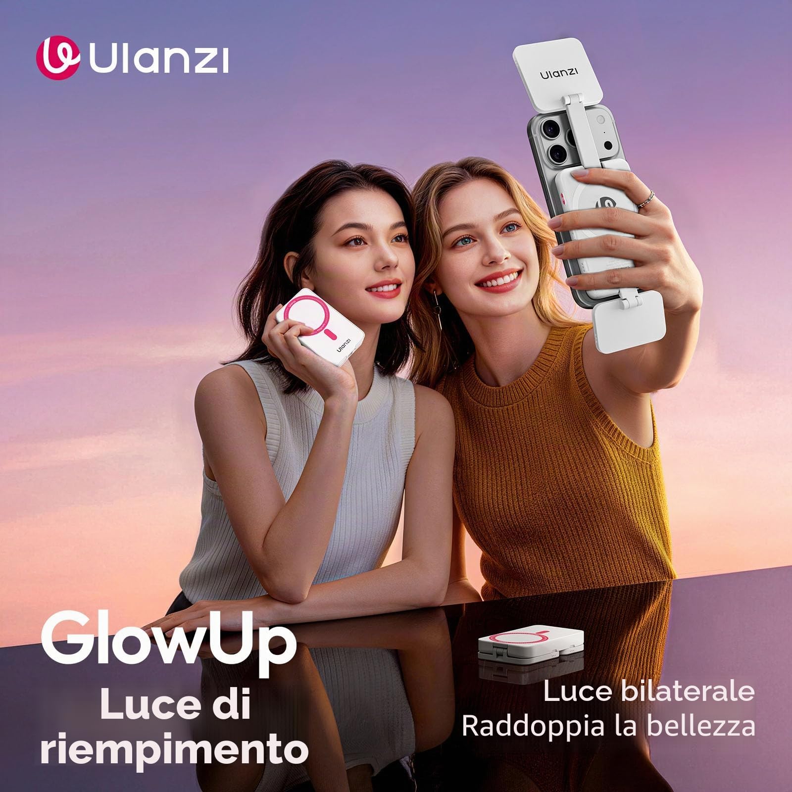 ULANZI GL01 Luce per telefono, Phone selfie light quadrati con asta regolabile a 45°, 2500K-6500K, Luce fotografica portatile per riprese nightout, Compatibile con iphone 17/16/15 non promax