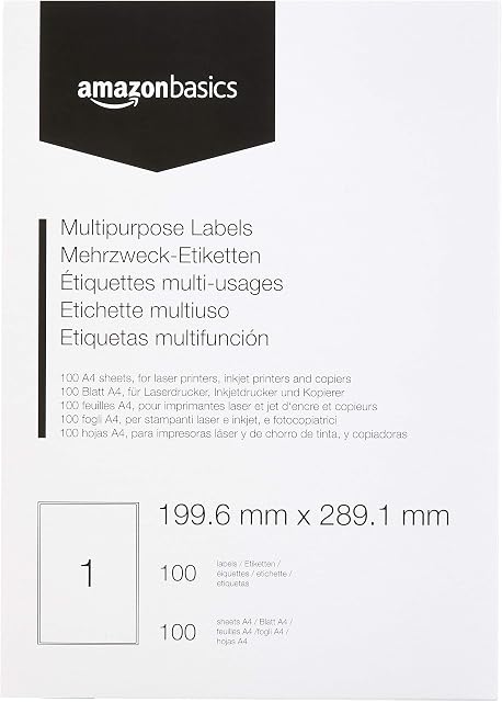 Amazon Basics Multipurpose Address Labels, 199.6mm x 289.1mm, 100 Sheets, 1 Label per Sheet, 100 Labels