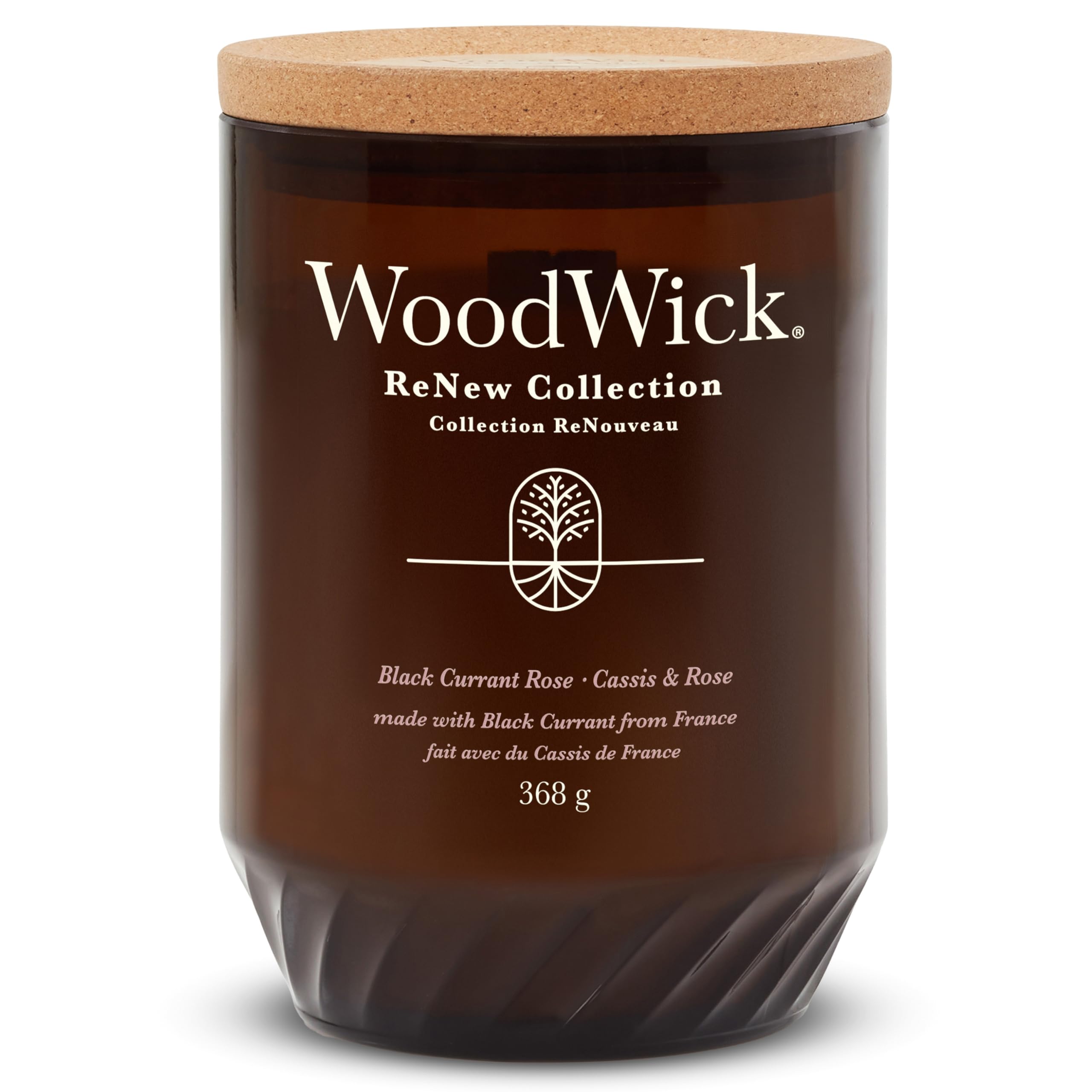 Candela profumata WoodWick ReNew con stoppino scoppiettante, Candela grande di Black Currant & Rose, Miscela di cera di cocco e soia a base vegetale, Realizzata con materiali riciclati