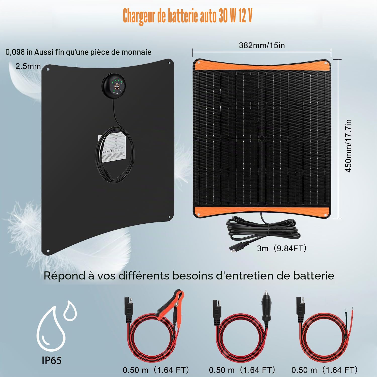 【30W Chargeur Batterie Voiture Solaire】DERUXI 30W Panneau Solaire 12V, Chargeur Solaire Panneaux Solaires Portable, Maintien de Charge Batterie Voiture Allume-Cigare Pinces Crocodile pour Bateau Moto