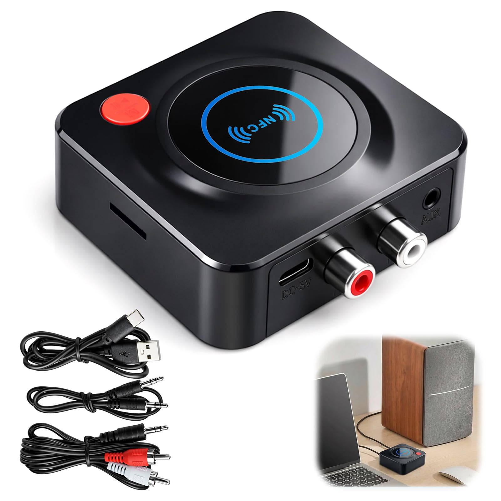 Bluetooth 5.4 Hi-Fi Receiver with NFC/1/8" AUX/TF Slot | Bluetooth Adapter Low Latency Audio Dual Connection for Stereo, Speakers and Amplifiers, Wireless Music