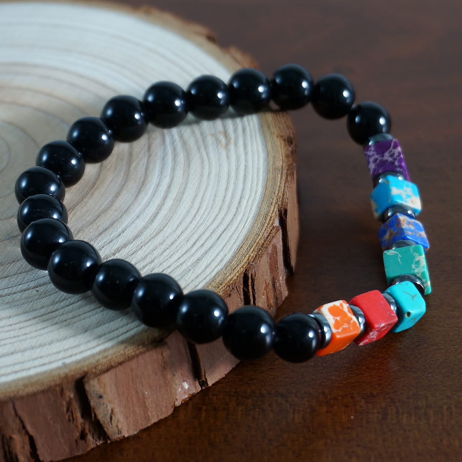 soulnioi Healing Crystal Set-1Pcs Seven Chakra Square Beads Bracelet and 1Pcs White Crystal Moon Gemstone Pendant - Image 3
