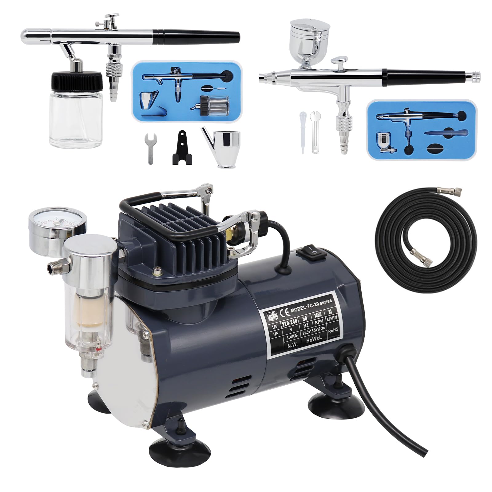 SwitZerAS18 Airbrush Kit with Compressor and 2 x Double Action Airbrushes and Hose