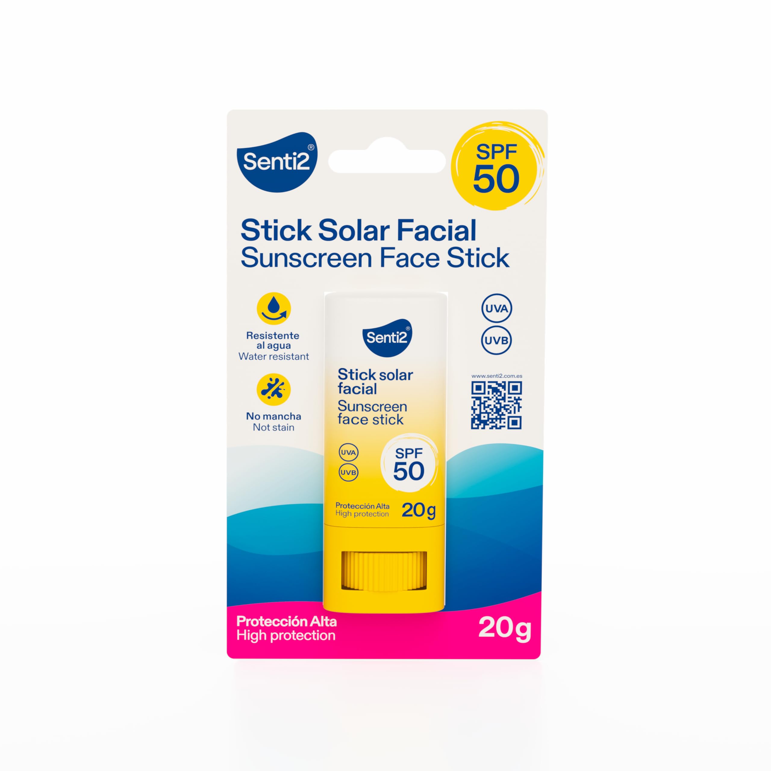 Senti2 Stick Solar Facial SPF50 - Protector solar en barra SPF 50, resistente al agua, 20 g