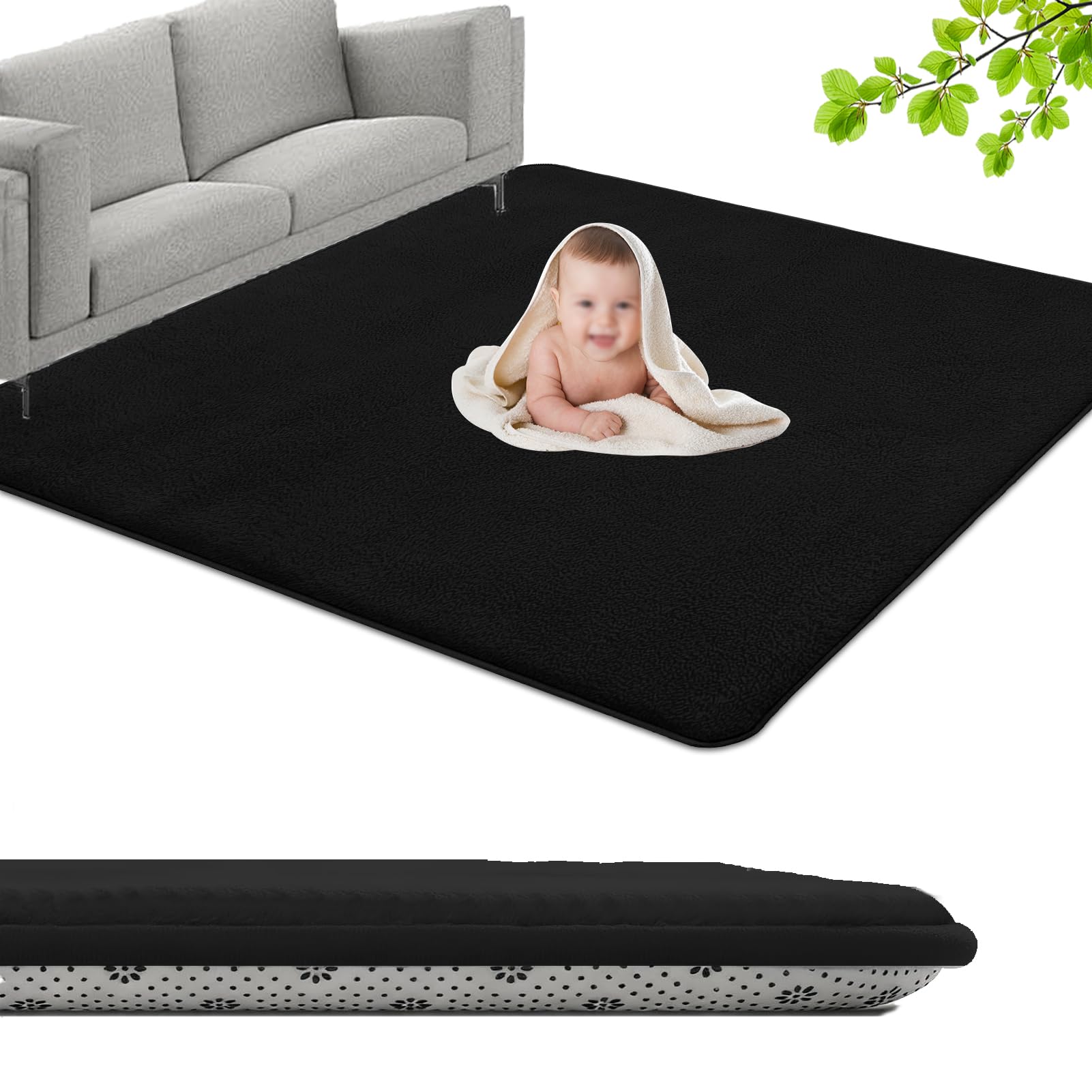 GmyoieqI Large Coral Velvet Baby Play Mat, 3CM Memory Foam Area Rug 100 x 100 cm Children's play mat Soft Play & Tummy Time, Playmat for Floor with Non-Slip Backing Crawling, Easy Care Rug Black
