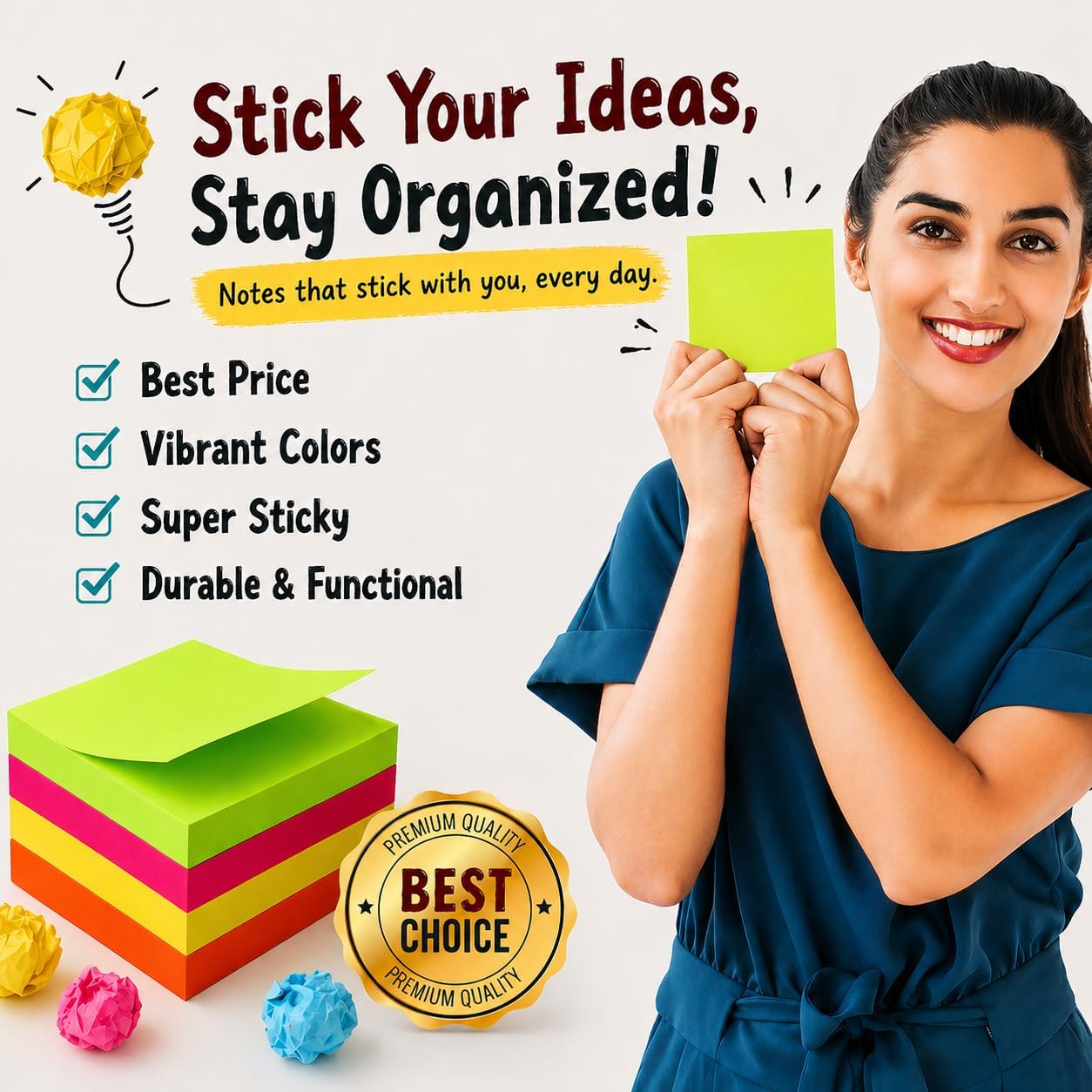 (24 Pads) Sticky Notes 3x3 in 100 Sheets/Pad, Self-Sticky Note Pads, 6 Bright Colors Super Sticky Pads - Easy to Post for School, Office Supplies, Desk Accessories