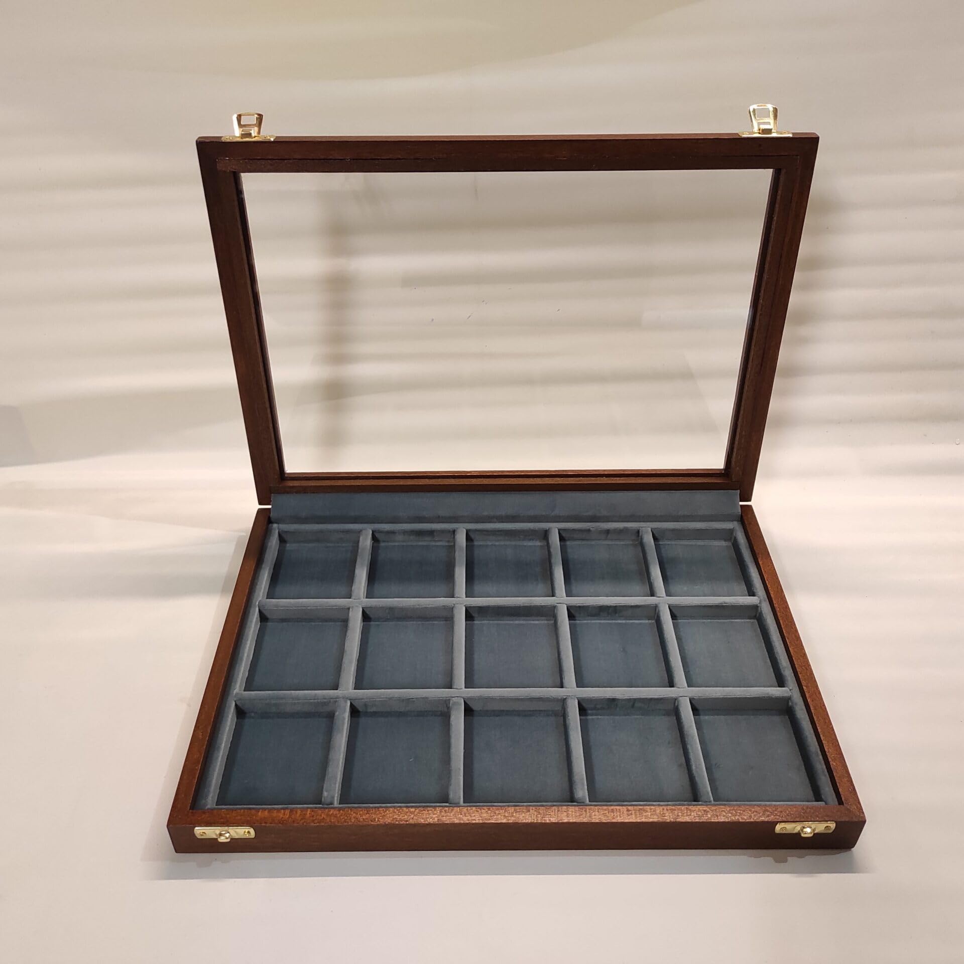 Coins&More Cofanetto per orologi da tasca 15 scomparti in legno e velluto, teca con vetro, contenitore artigianale numismatica collezione