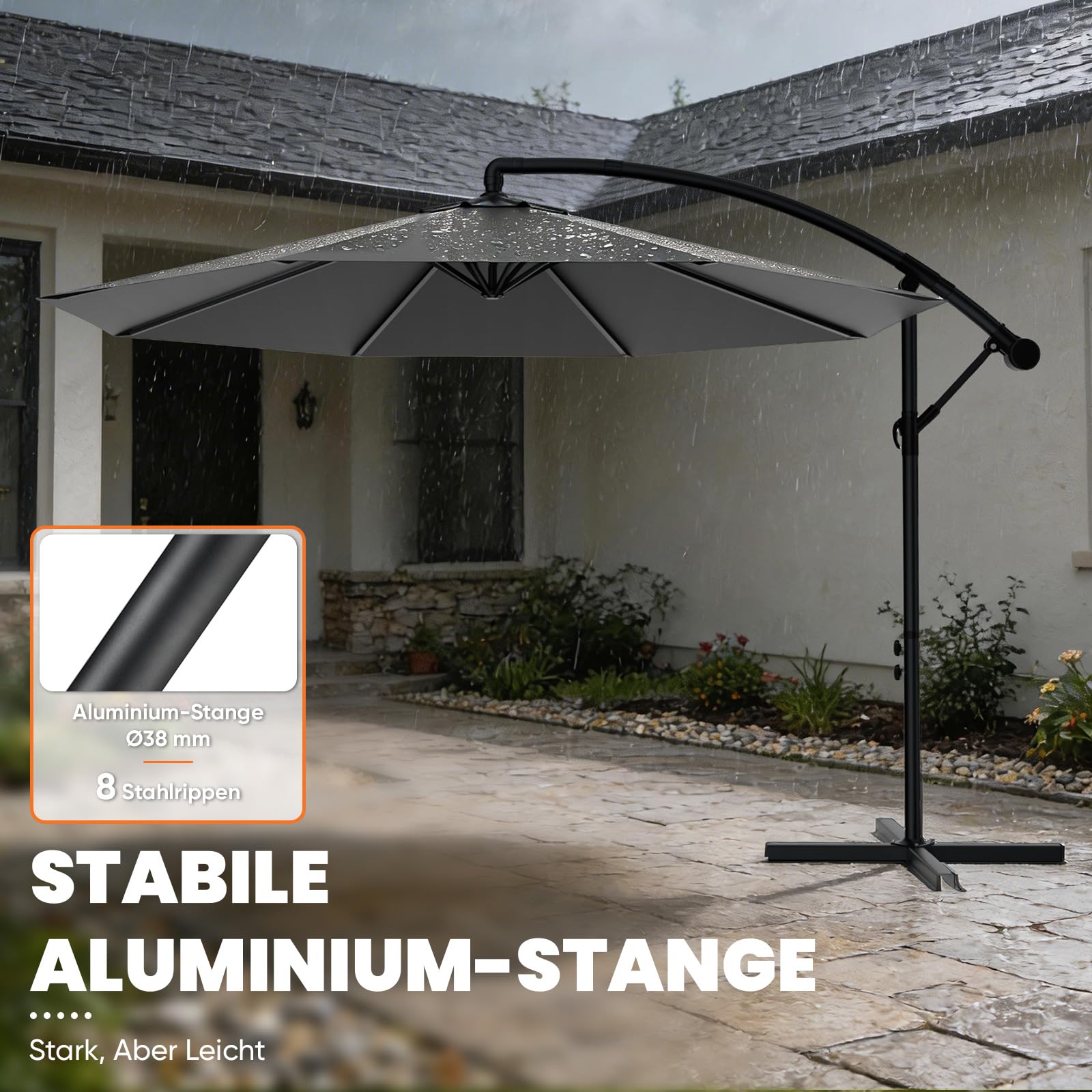 Huracan Ombrellone parasole, copertura ombrellone da giardino con manovella, girevole a 360° e inclinabile, protezione solare dai raggi UV, in alluminio, per giardino, terrazza