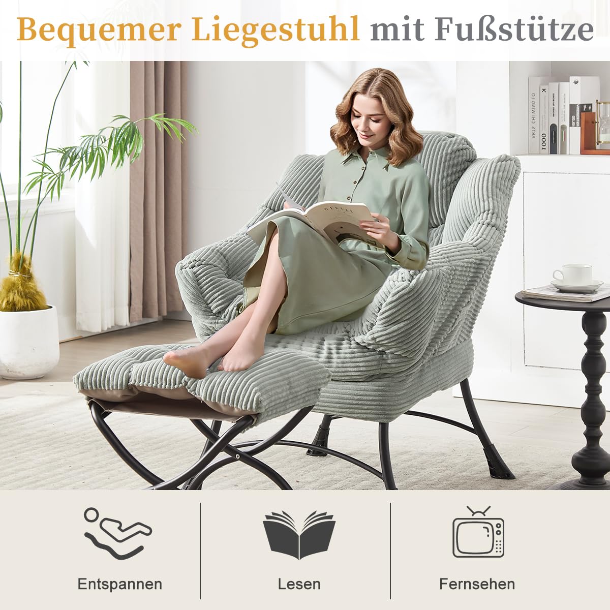 Ohrensessel mit Hocker, Lazy Chair mit Ottoman, Relaxsessel mit Armlehnen, Moderner Loungestuhl mit Fußstütze und Seitentasche im Wohnzimmer Lesesessel, Cord Hellgrau