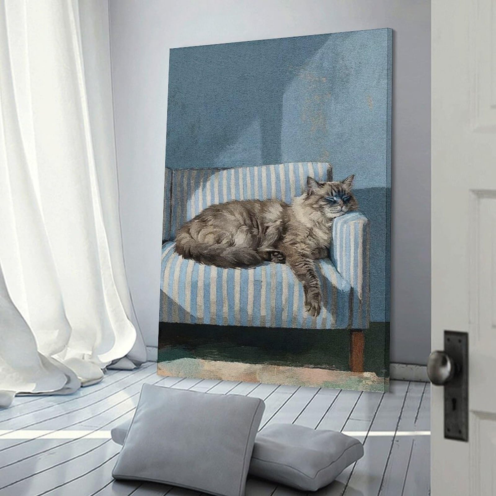 Junmoney Frame-Style-5 Home Decor Wall Art Cat Nap On Striped Couch, 12X18inch(30X45cm), For New Homes, Bedrooms Or Workspaces, Home Decor Gift With Stylish Appeal