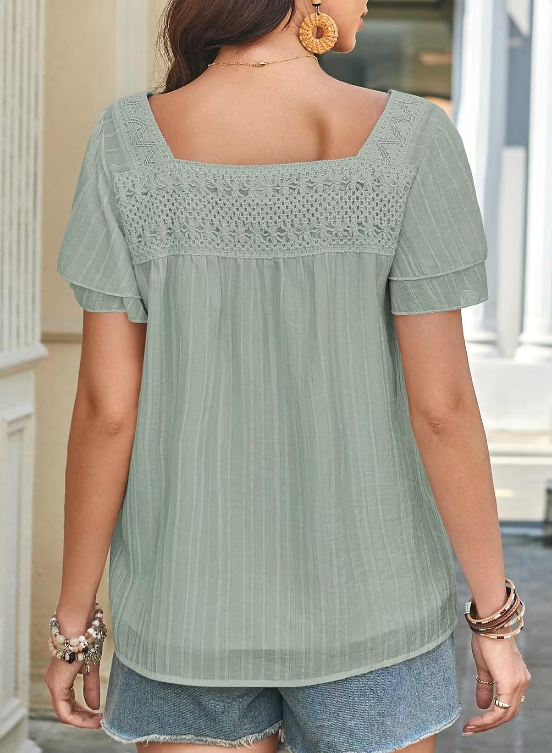 Womens Tops Summer Boho Blouses Short Sleeve Square Neck Crochet Lace Trim Casual Chiffon Shirts Double Layers - Image 3