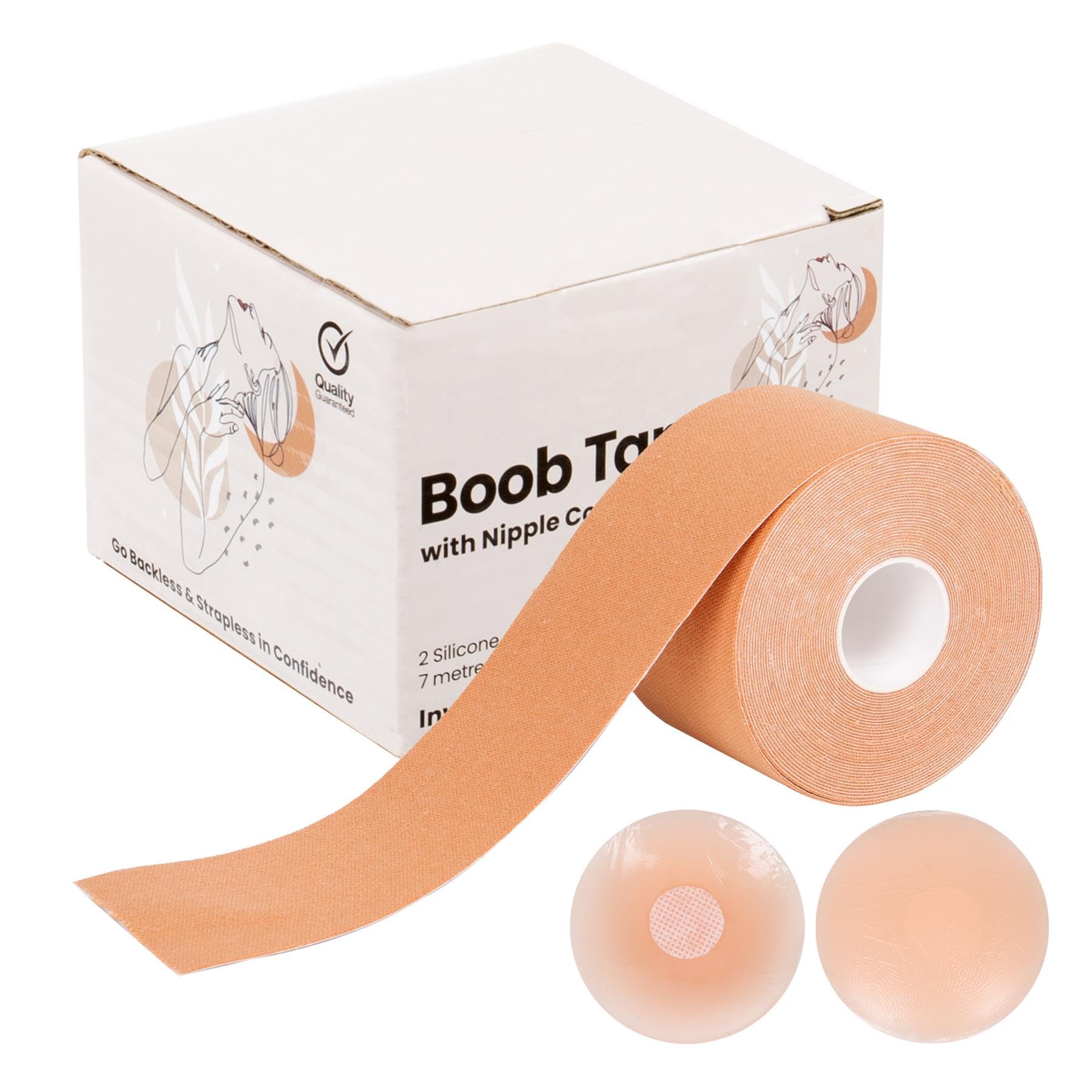 Asab Women's Beige 7M Boob Tape For Large Breasts With 2 Silicone Nipple Covers Adhesive Tit Tape Reusable Breast Tape For Dresses Booby Body Tape Fits All Breast Sizes Invisible Breast Lift Tape Go Strapless