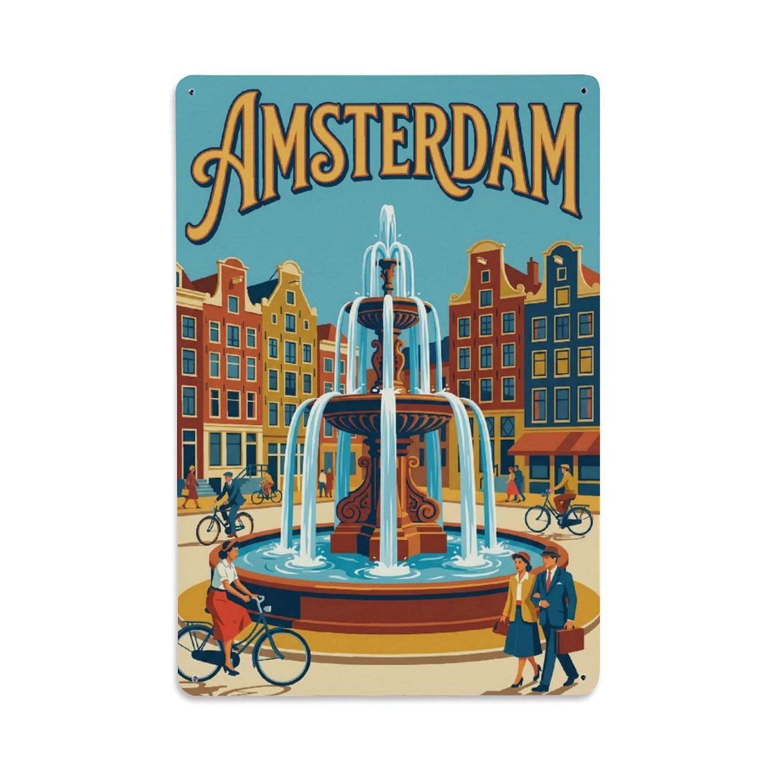 Okngb Style Retro Fountain Plaza Amsterdam Historic Landmark Dutch Metal Tin Sign Plaque Wall Decor For Cafe, Man Cave, Club Bar, Office, Home Garden Round Metal Poster 8X12inch