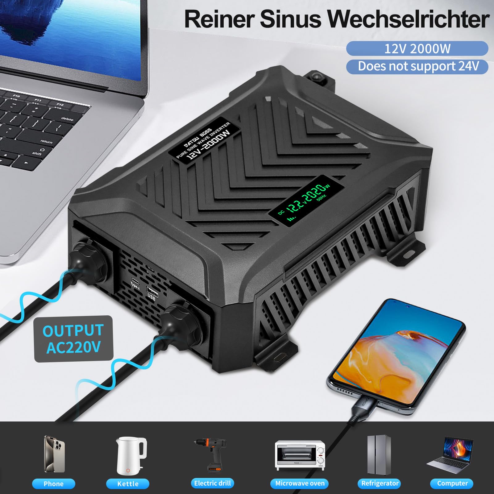 DATOUBOSS 2000W/4000W Spannungswandler 12v auf 230v Reiner Sinus Wechselrichter Power Inverter mit 2 EU Steckdosen, USB/Type-C und LCD Anzeige, Umwandler für LKW Camping Haushaltsgeräten