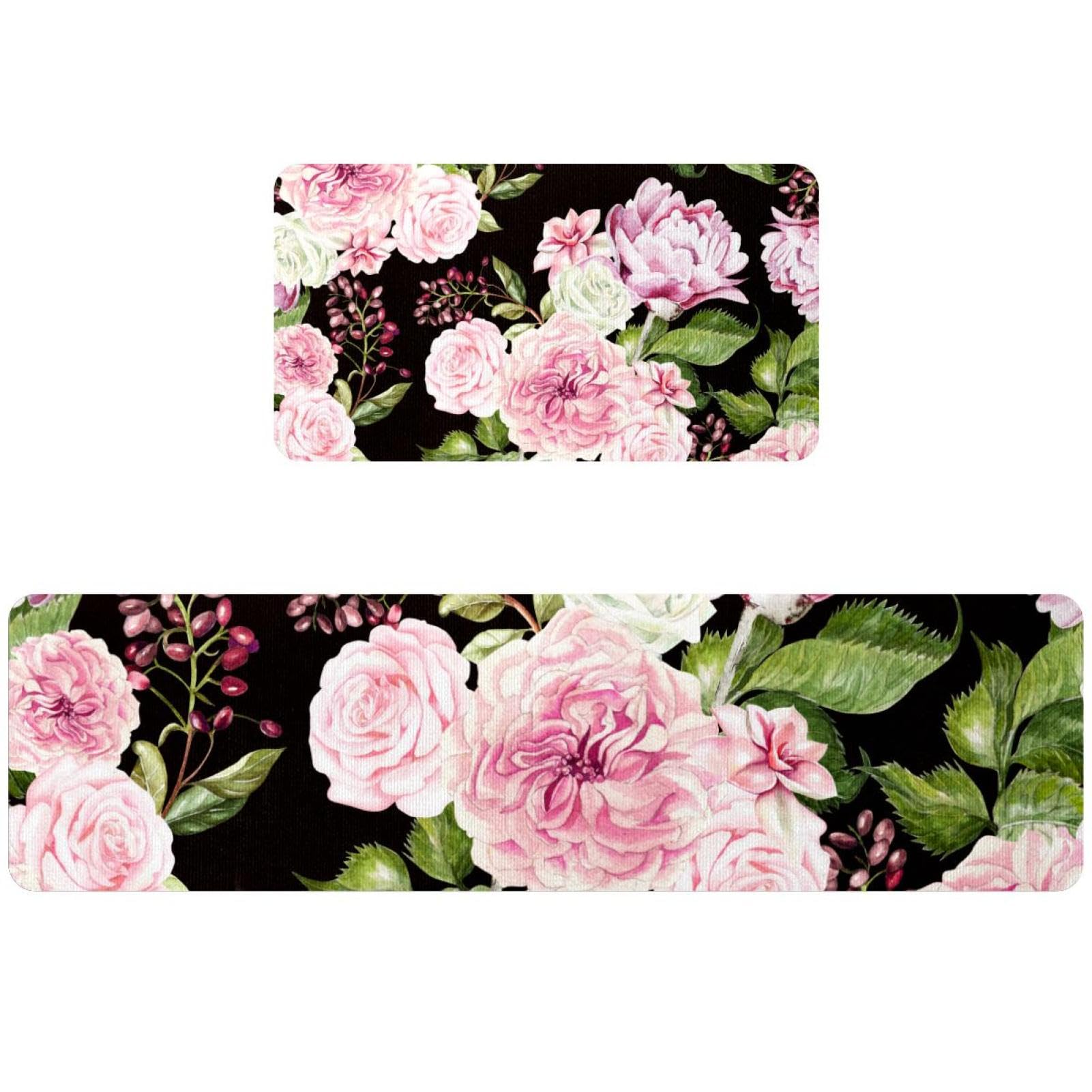Tapis de cuisine antidérapant lot de 2 tapis de sol lavables fleurs roses aquarelle
