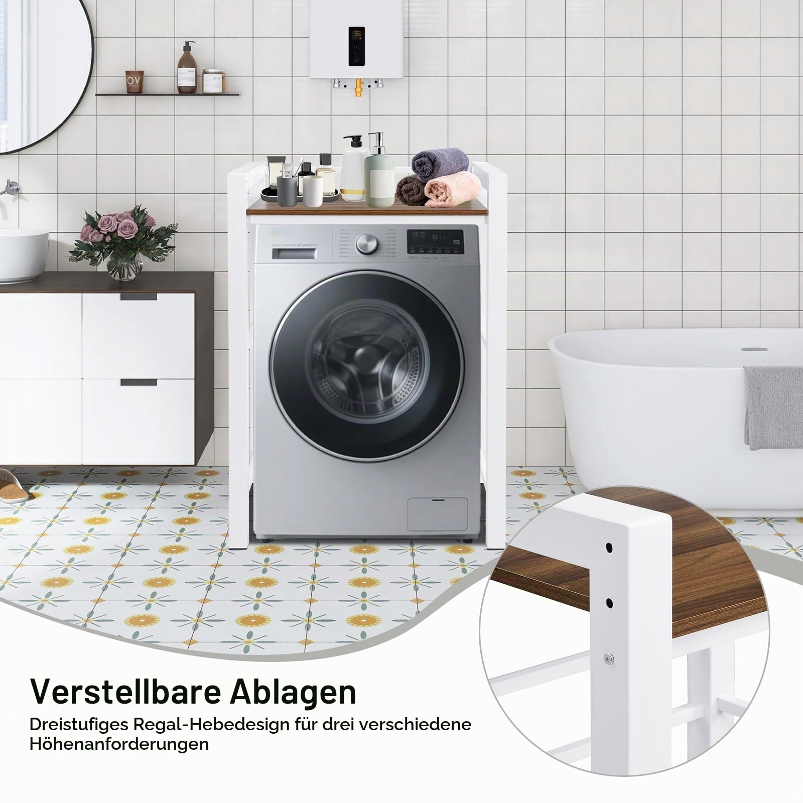 Waschmaschinenregal, Regal fur Waschmaschine undTrockne, Waschmaschinenschrank mit 3 EinstellbarenHohenverstellbarer, Waschmaschine trocknerschrank,Tragfahigkeit 350 kg. (WeiB)
