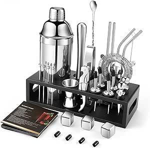 Ensemble De Shaker à Cocktail 7 Pièces – Kit Barman Avec Support, Shaker Martini 24 Oz, Finition Cuivrée Brossée