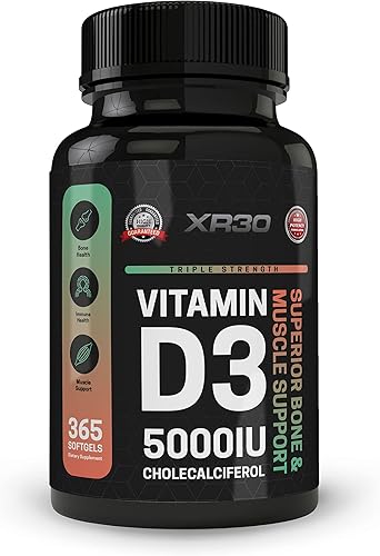Vitamina D3 5000IU colecalciferol - Soporte superior para huesos y músculos - 365 cápsulas blandas - Fabricado en Estados Unidos