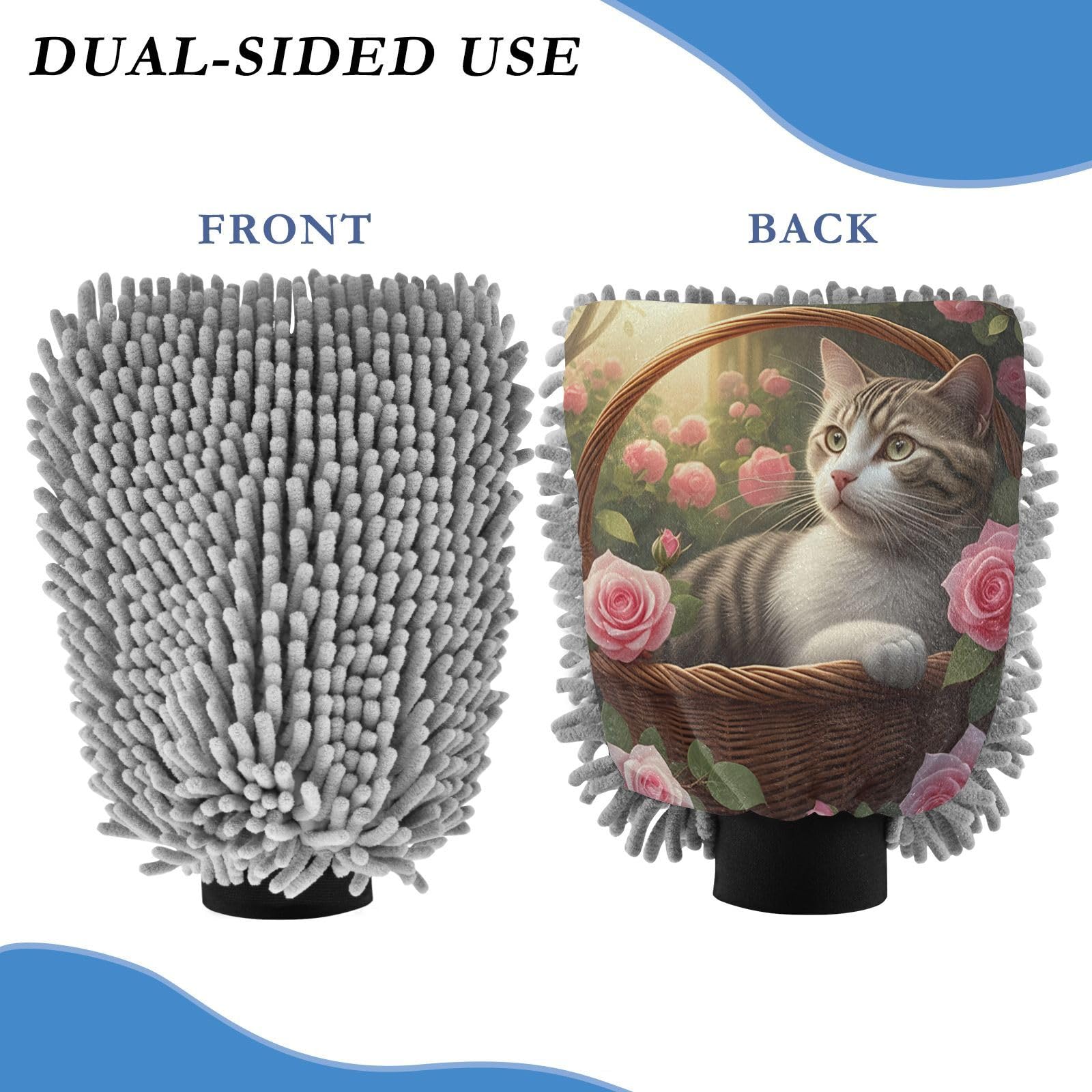 STAYTOP Cute Cat in The Flower Basket Car Wash Mitt Microfiber, 2Pcs Scratch Free Lint-Free, Premium Chenille Microfiber Mitt Car Wash Brush-M