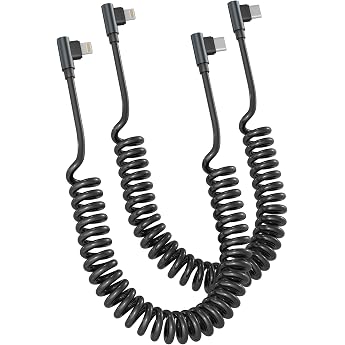 MFi Certified USB C to Lightning Coiled Cable - 90 Degree 2 Pack Apple Carplay Cable with Data Sync Right Angle Short Cable for iPhone/Pad/Pod