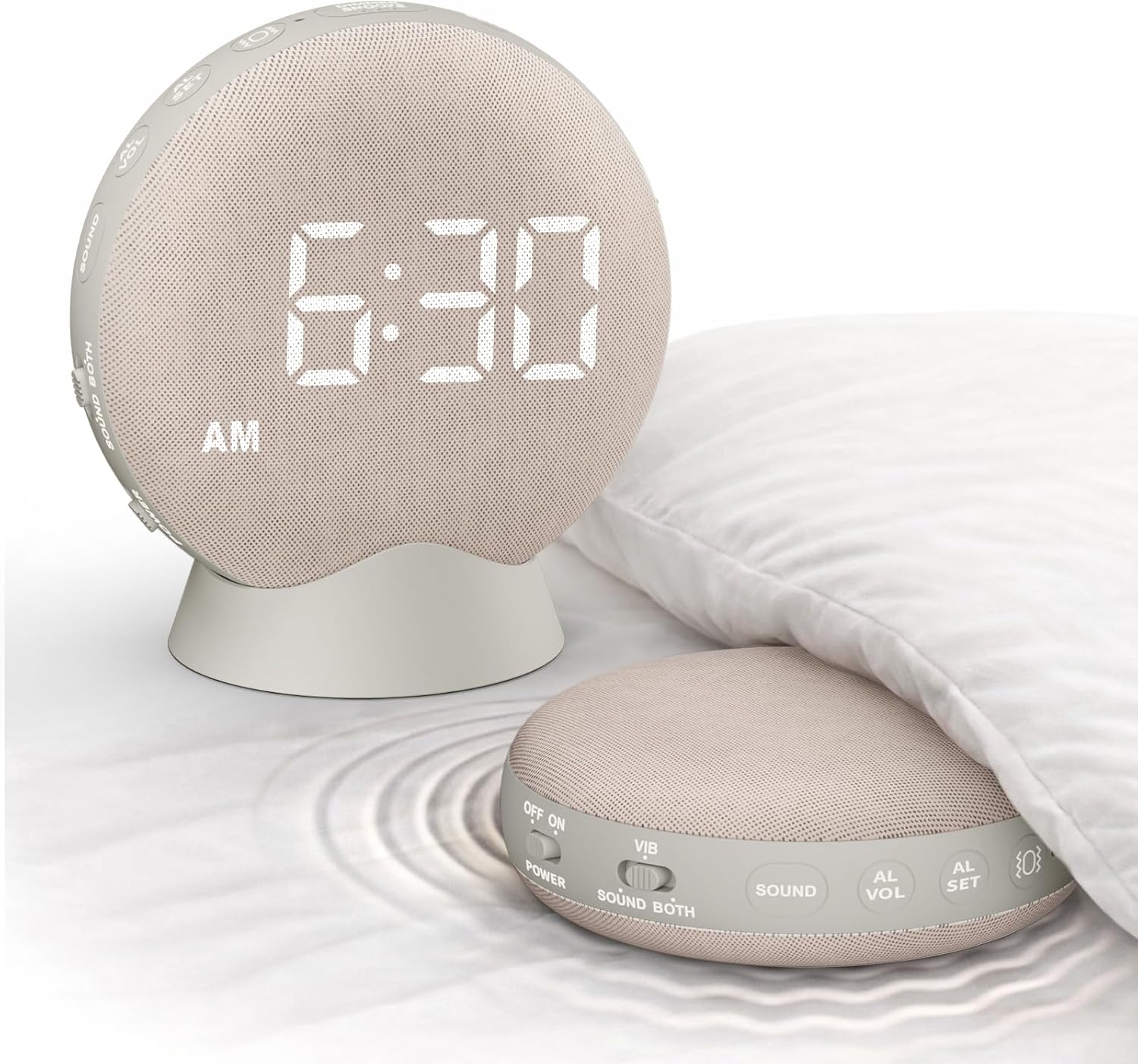 SolaceRise Super Loud Alarm Clock for Heavy Sleepers: Vibrating Digital Auto-Dim Clock with Bed Shaker for Hearing Impaired - Portable Rechargeable Battery for Bedroom Travel Dorm - Putty