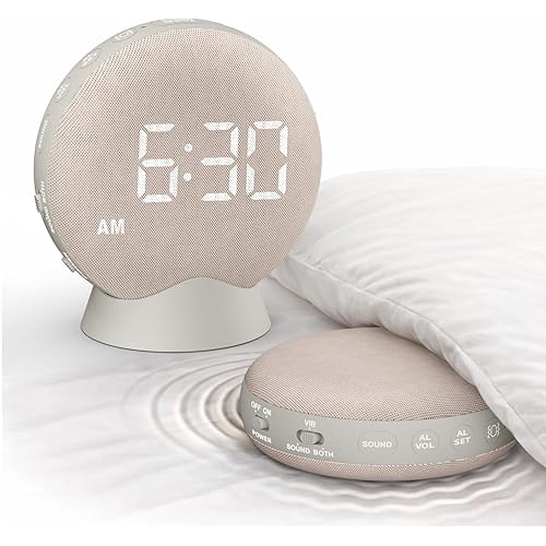 SolaceRise Super Loud Alarm Clock for Heavy Sleepers: Vibrating Digital Auto-Dim Clock with Bed Shaker for Hearing Impaired - Portable Rechargeable Battery for Bedroom Travel Dorm - Putty