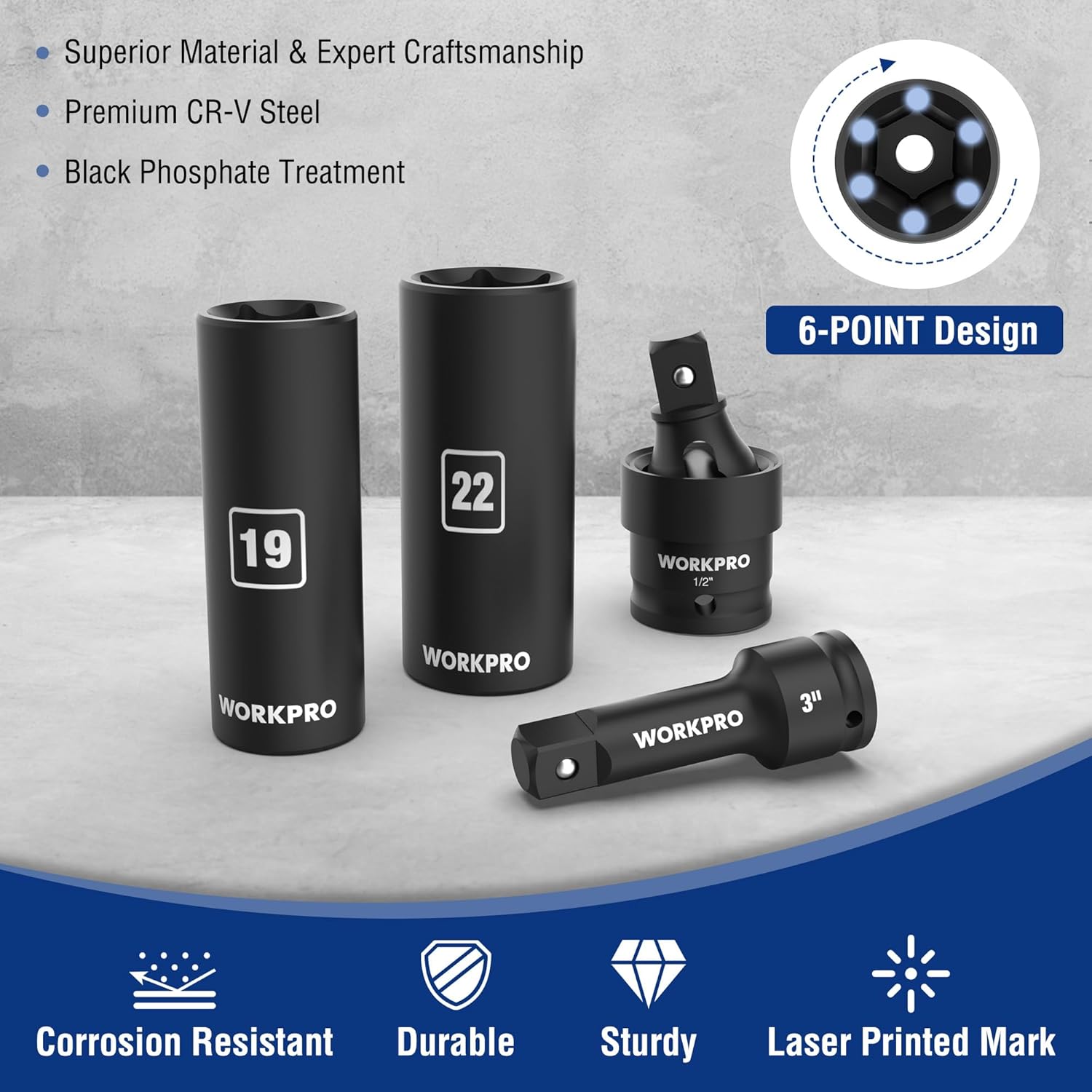 WORKPRO 1/2” Drive Impact Socket Set, 65PCS SAE(3/8”-1-1/4”) and Metric(10-24mm) Deep & Shallow Kit, Ratchet Handle, Extension Bar, Impact Universal Joint and Adapters for Automotive Repair