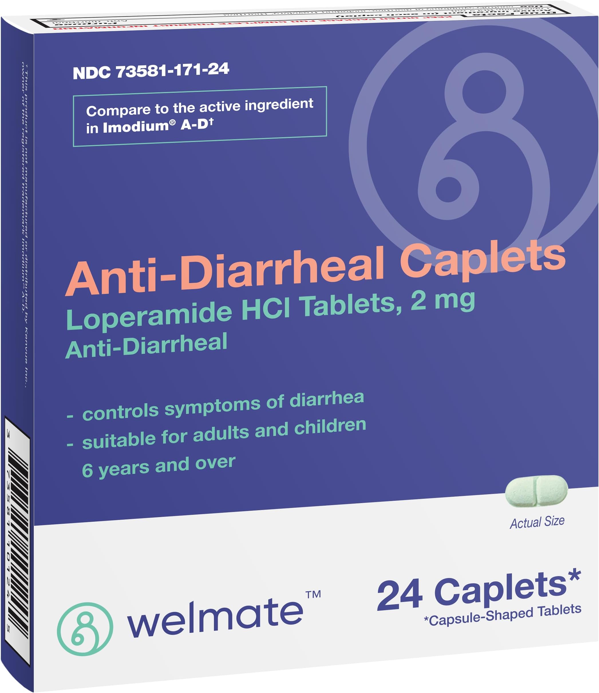 WELMATE - Anti-Diarrheal Caplets (24 Caplets) - Loperamide HCL 2 mg - Diarrhea Symptom Relief - Upset Stomach Reliever - Anti Diarrhea Pills - Over-The-Counter Medication