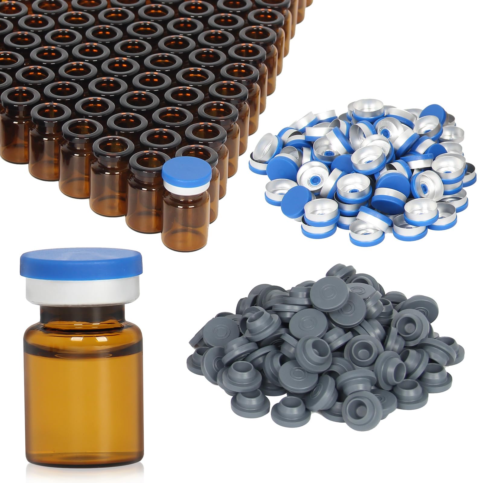 Chudeng Fiale in Vetro da 3 ml, Fiale per Spazio di Testa in Vetro Ambra da 3 ml con Tappi a Strappo e Tappi in Gomma, Confezione da 100, Fiala da Laboratorio a Fondo Piatto da 20 mm