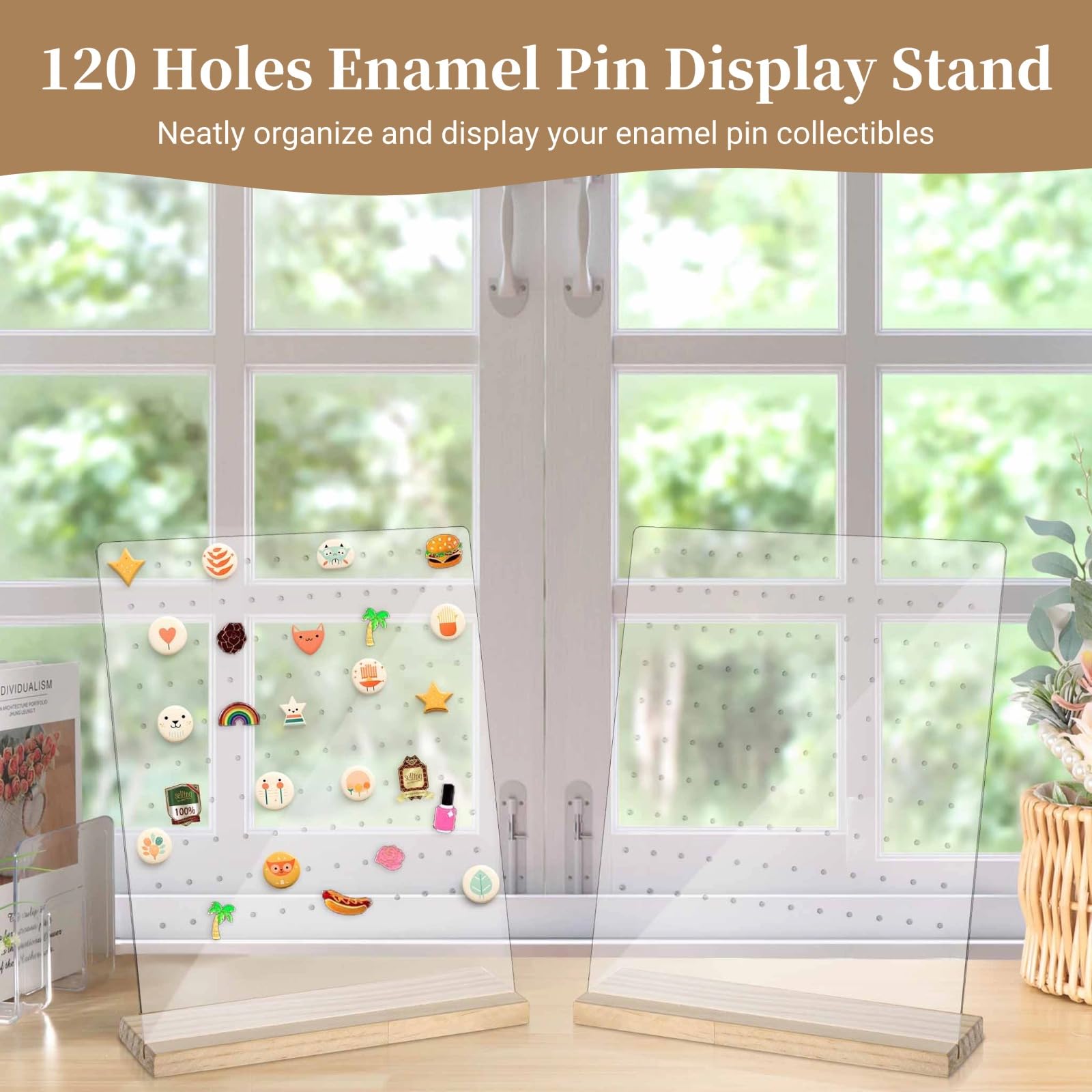 Yeesport Acrylic Enamel Pin Display Stands, 120 Holes, Wooden Base, Desktop Pin Holder, Earring Display Stand, Clear Tabletop Organizer