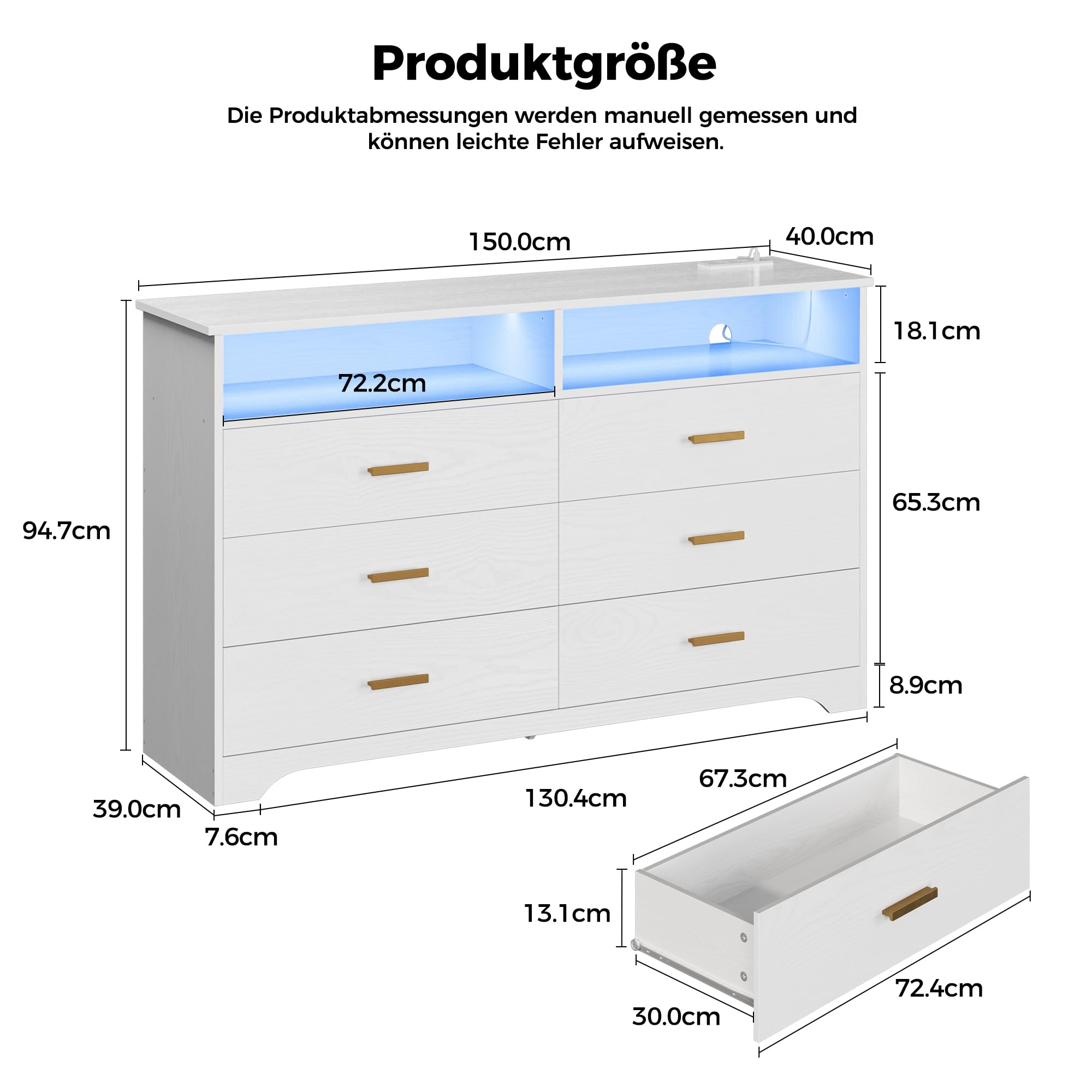 IRONCK Kommode Weiß, Komodenschrank mit LED-Lichtleiste und 2 Steckdosen, Schubladenschrank mit 6 Schubladen und 2 Fächer für Wohnzimmer, Schlafzimmer, Holz, 40 x 150 x 94.7 cm