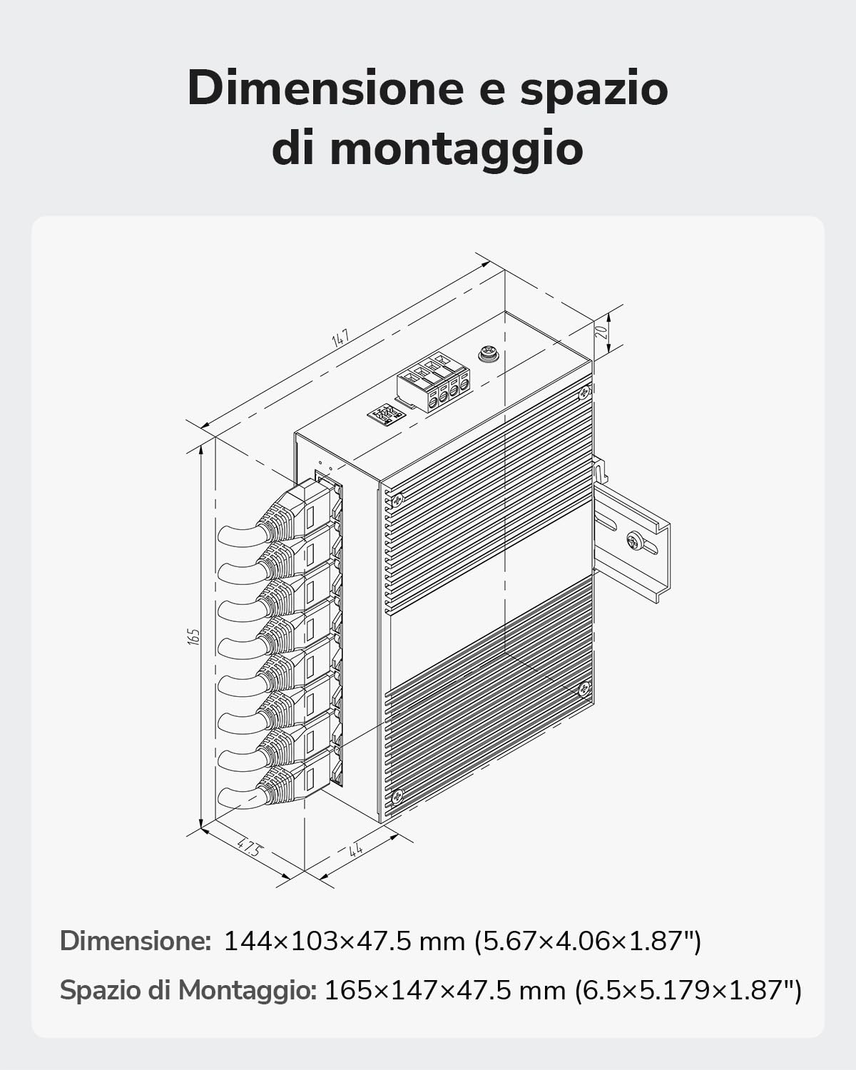 Cudy Switch Gigabit Industriale 8 Porte, Guida DIN, -40~75C, Doppia Alimentazione, IG1008 | 8x Gigabit, Guida DIN/Parete, -40~75C, Doppio DC 12-48V, IP40 Metallo, ESD/Sovratensione, senza ventola, Plug Play