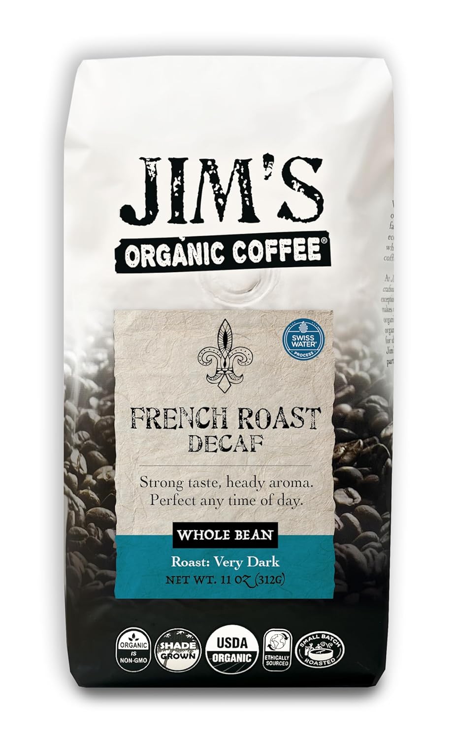 Jim’s Organic Coffee – French Roast Decaf: Whole Bean Dark Roast (11oz) -100% Arabica Coffee Beans – USDA Organic – Kosher – Swiss Water Process Decaffeinated Coffee Beans