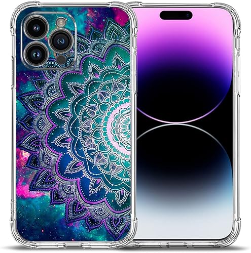 Funda para iPhone 14 Pro, diseño de flores de mandala, protección contra caídas espaciales, a prueba de golpes, TPU de cuerpo completo, resistente a
