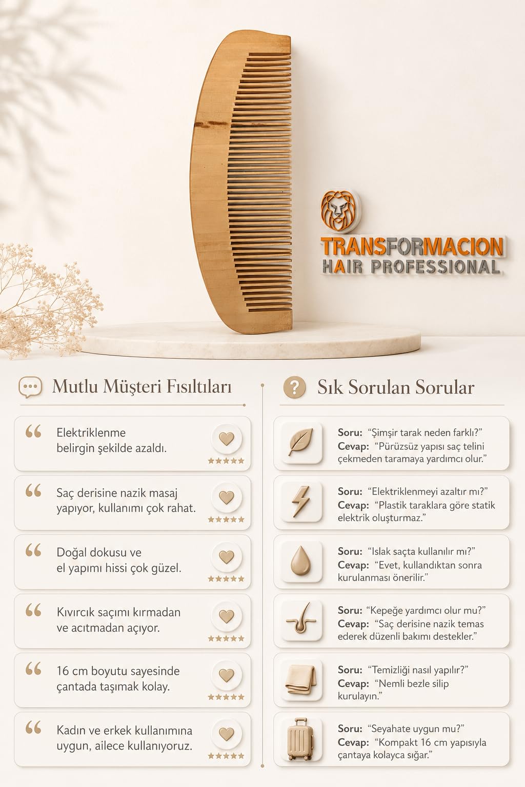 Transformacion%100 Doğal Madagaskar Şimşir Ahşap Tarak - 16 cm Anti-Statik Elektriklenme Önleyici El Yapımı Saç Derisi Masaj Tarağı Kepek Karşıtı Organik Saç Açma Tarağı 722266