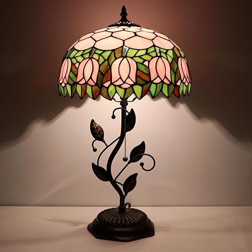Miniatura 6 de Tiffany Lamp Pink Tulip Style Stained Glass Table Lamp Desk Bedside Reading Light 12X12X19 Inches with Metal Leaf Base
