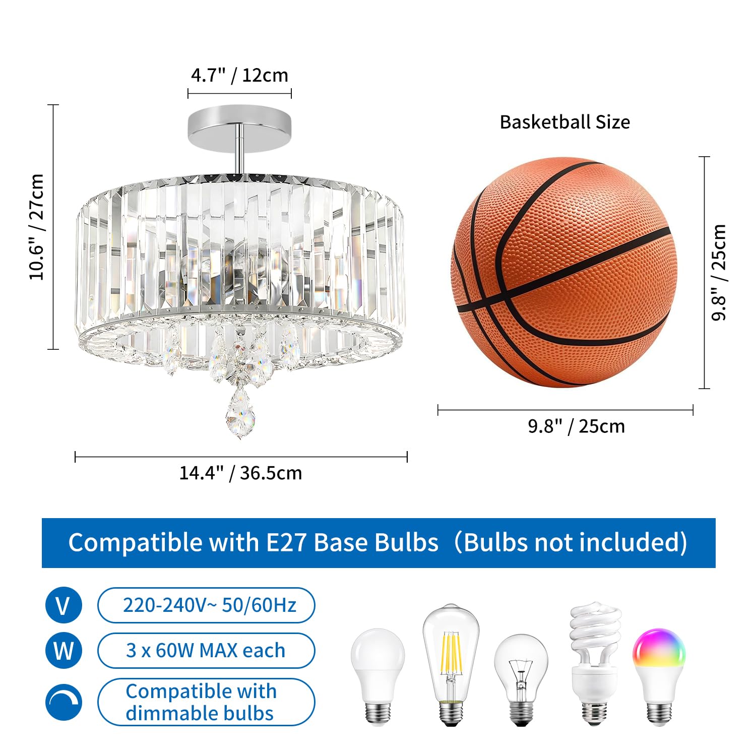 ANWIO Lámpara de Techo de Cristal Moderna, Luz de Techo Plateado, Lámpara de Araña con 3 E27 Base, Pantalla de Cristal para Pasillo,Entrada,Cocina,Dormitorio, Salón(37CM, Sin Bombilla)