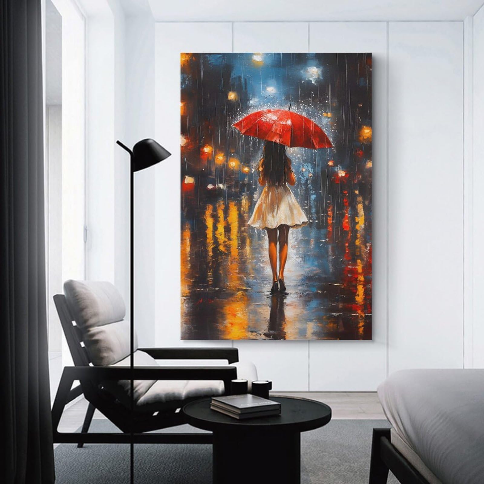 Junmoney Unframe-Style-3 Woman With Red Umbrella In Rain Decorative Wall Artwork 20X30inch(50X75cm), For Corridors, Hallways Or Apartment Entries, Home Artwork For First Impressions