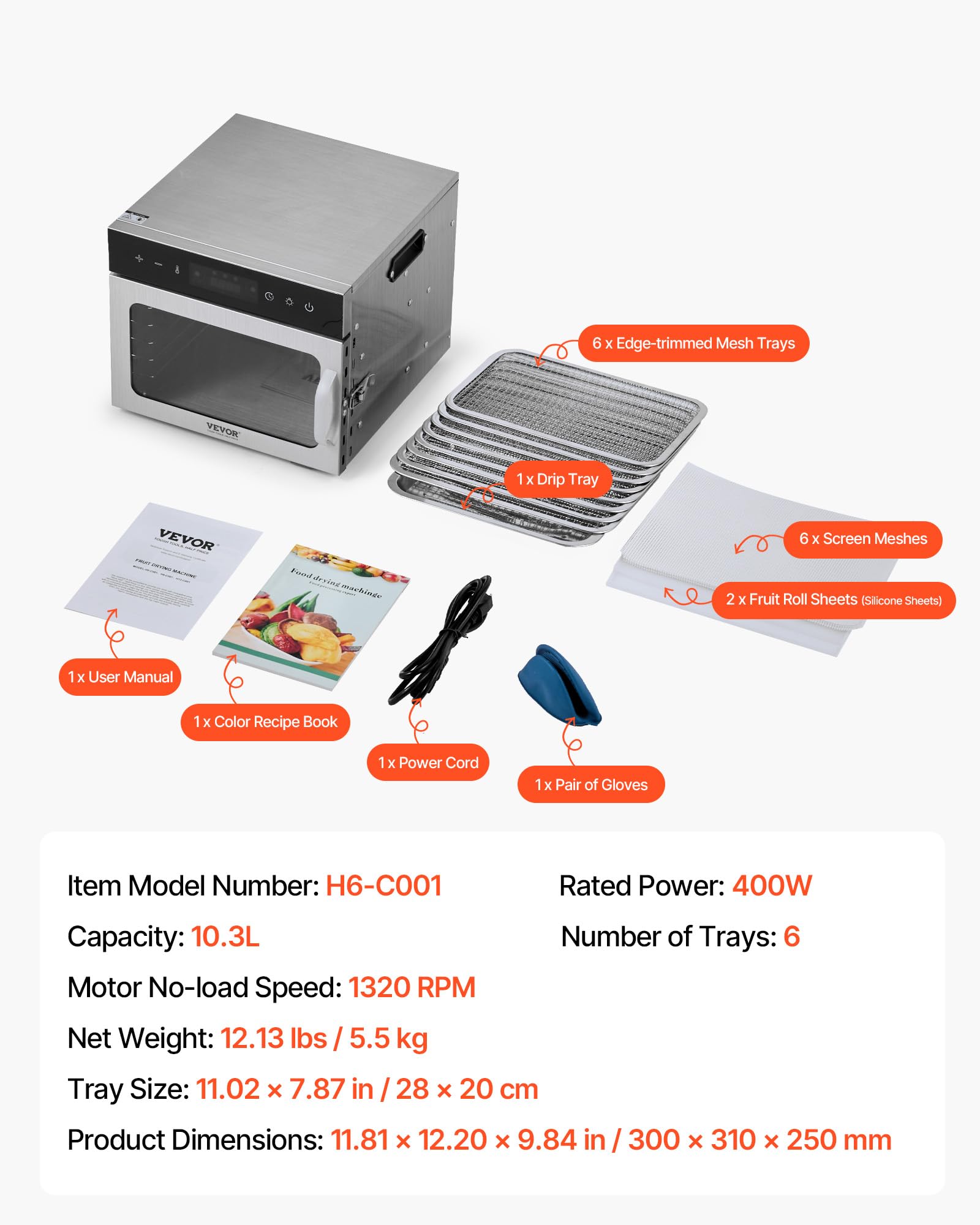 VEVOR Deshidratador de Alimentos 6 Bandejas de Acero Inoxidable Secador de Alimentos Eléctrico 400 W con Temperatura Ajustable y Temporizador de 24 Horas para Cecina, Frutas, Verduras, Hierbas