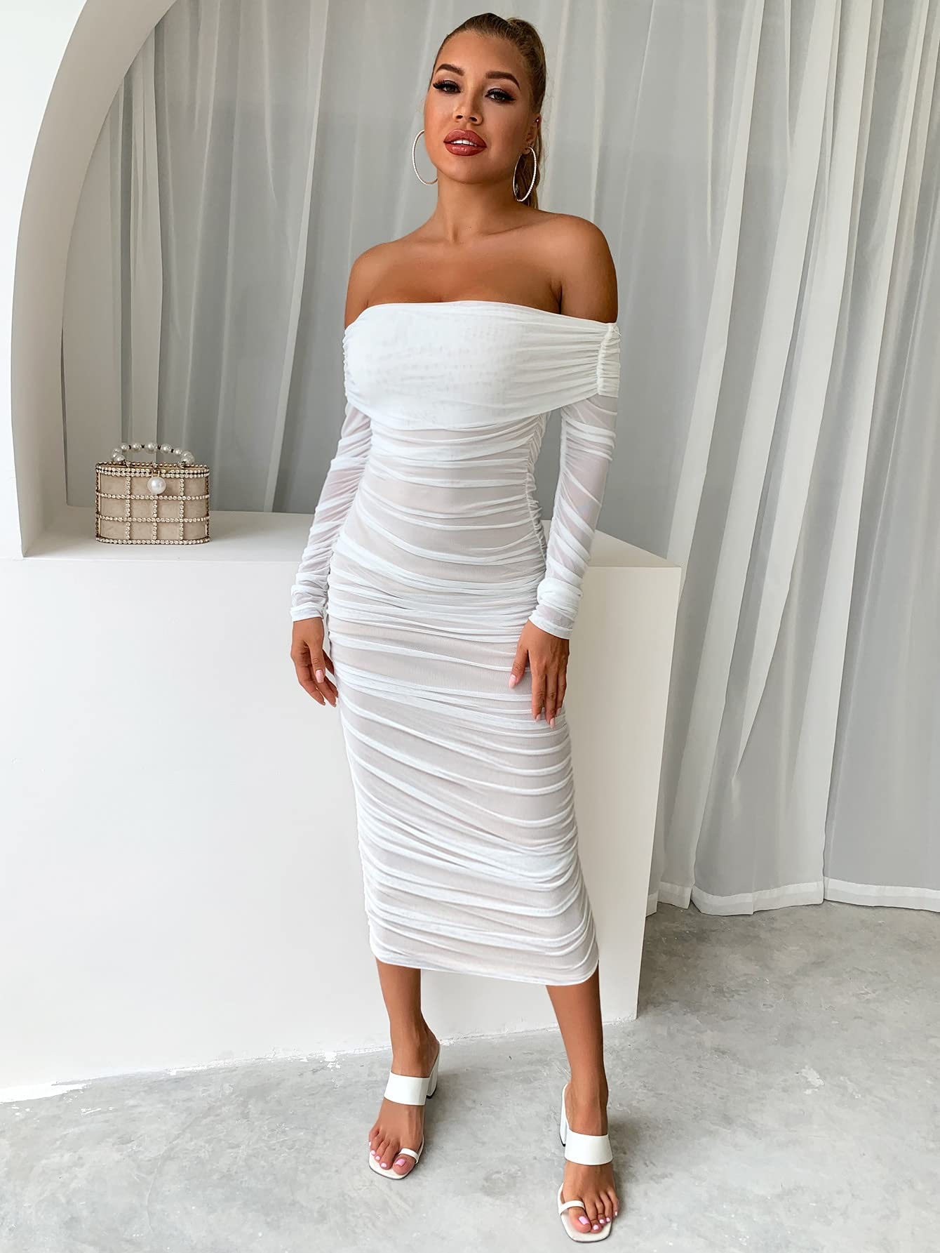 Neeno Women's Dresses Off Shoulder Ruched Mesh Bodycon Dress Dress for Women (Color : White, Size : X-Large) : Clothing, Shoes & Jewelry