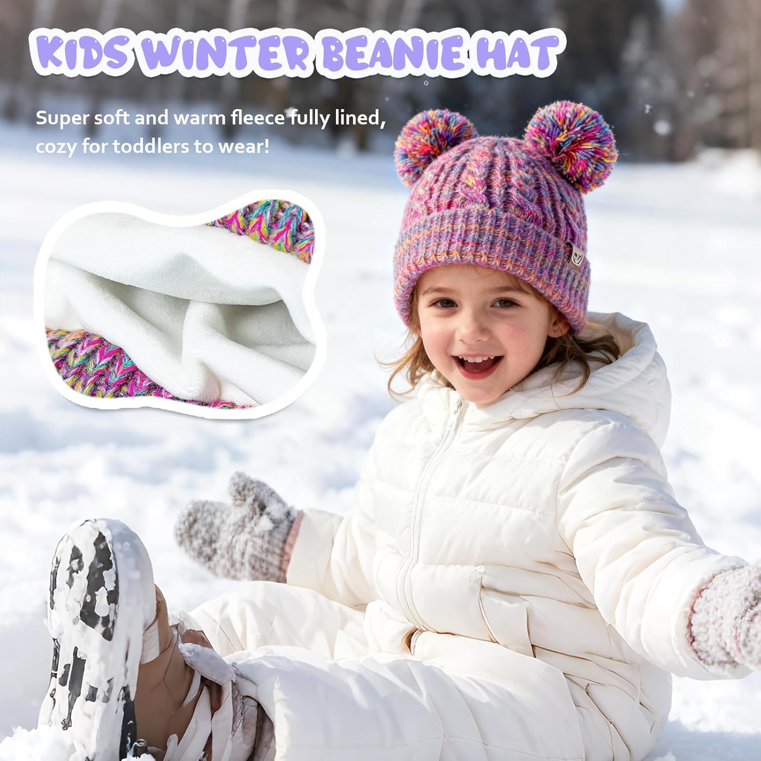 Gealaek Kids Winter Hat with Pom Pom, Toddler Beanie with Warm Fleece Lined, Cute Girls Snow Cap - Image 3