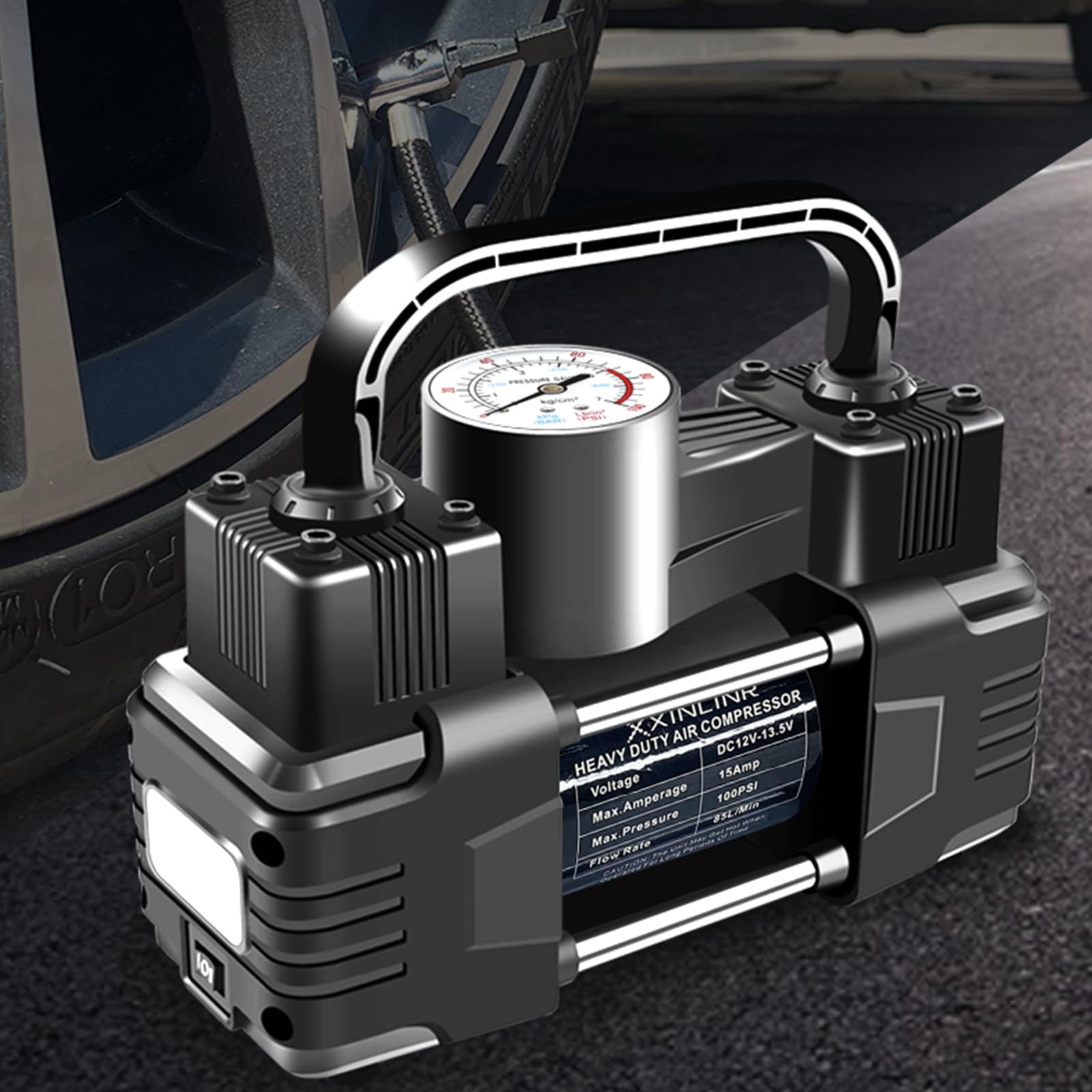 Pompka do czarnych opon Heavy Duty Podwójne cylindry z przenośną torbą - akcesoria samochodowe, metalowa pompa sprężarki powietrza 12 V 150 PSI z adapterem do samochodów, ciężarówek, SUV-ów, pontonów,