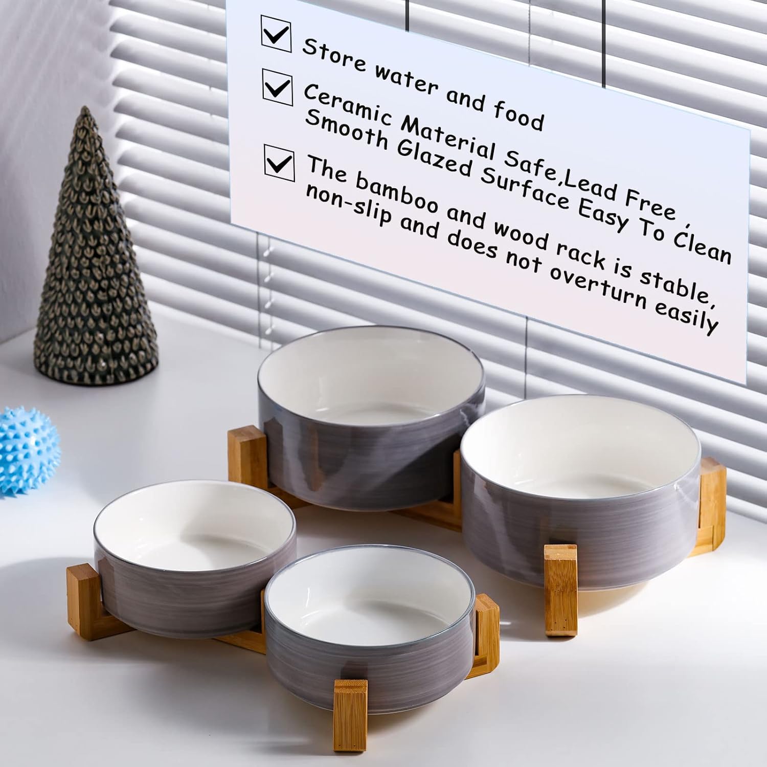 Petygooing Ceramic Cat Dog Bowl Set with Wood Stand, 13.5OZ/5.1 in, Grey White