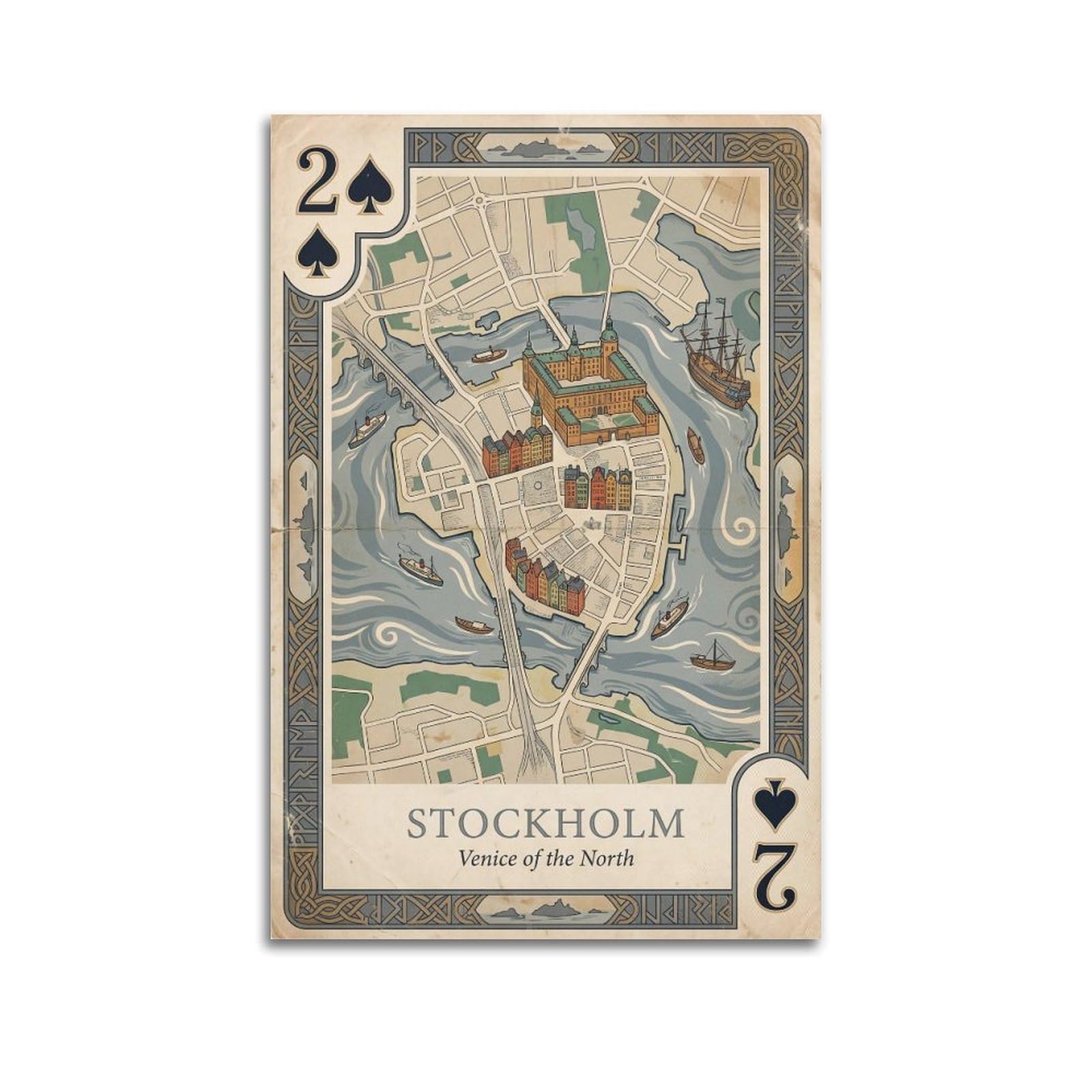 Okngb Unframe-Style Vintage City Map Poster Stockholm Sweden Archipelago Playing Card Style Decorative Painting Canvas Art Picture 12X18inch(30X45cm)