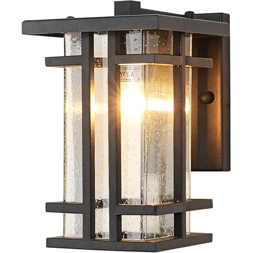 Retro Outdoor Wall Light Small Outside Wall Lamp with Clear Seeded Glass Shade 10"H Exterior Light Fixtures Wall Mount IP65 Waterproof Outdoor Porch House Lighting Exterior Wall Lantern E26,Black