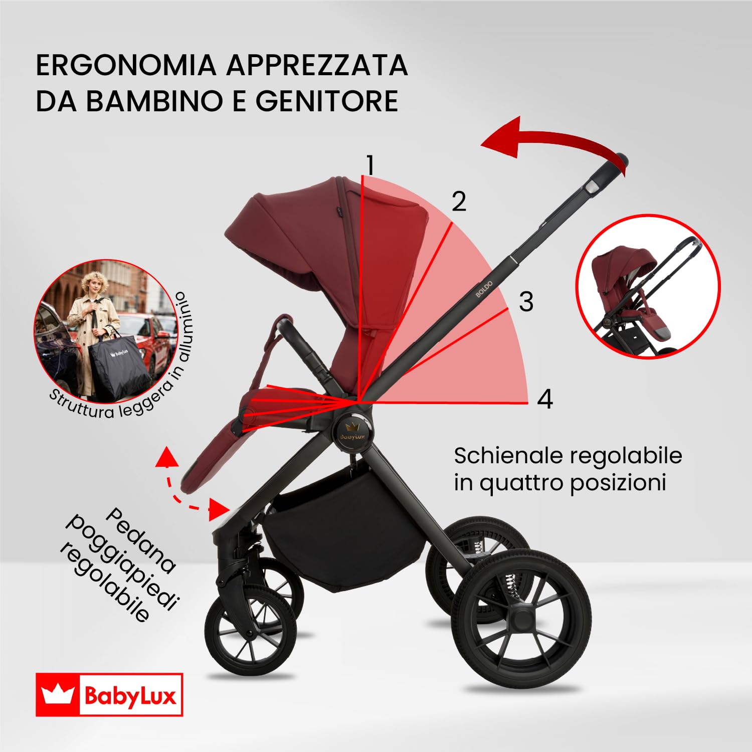 BabyLux® Passeggino 4in1 BOLDO, Set Pieghevole di Passeggino Leggero | Combinati con Navicella, Passeggino da Viaggio, Seggiolino Auto i-Size, Base Auto, 4 posizioni reclinabili, 0-22 kg, UV