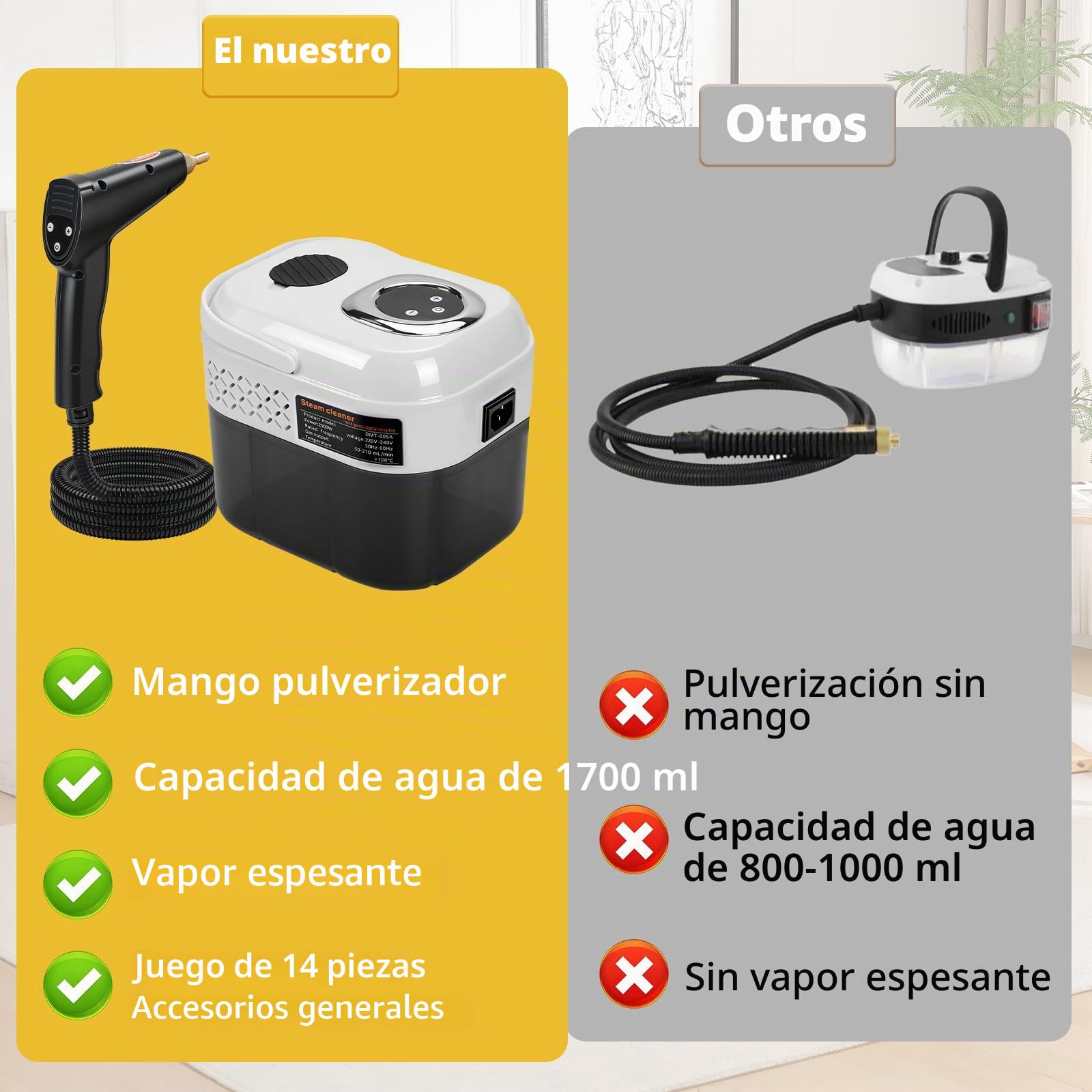 Limpiadores a Vapor Portátiles de Alta Temperatura y Presión de 2500 W | Ajustable 6 Niveles 1700ml, Para Hogar Cocina Baño Coche Suelos Muebles