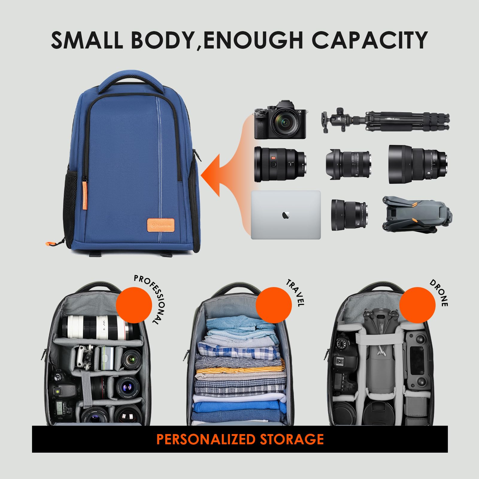 TARION Mochila impermeable para cámara de gran capacidad con compartimento para laptop de 15 pulgadas, cubierta de lluvia para mujeres y hombres, trípode para lentes de fotógrafo, color azul