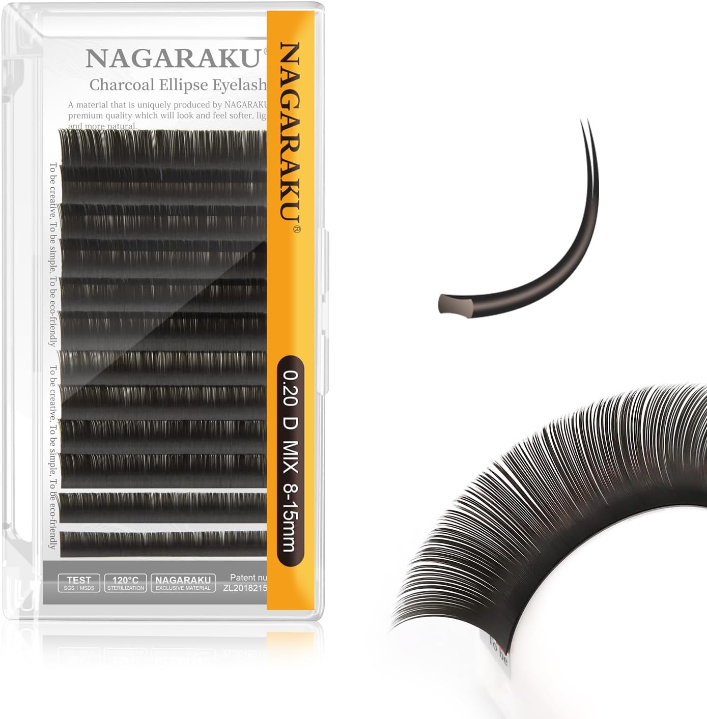 NAGARAKU Ellipse Flat Eyelash Extension Professional Double Split Tip Individual False Lashes Supplies Eye Lashes Semi-Permanent U-shaped Design Charcoal More Softer 12 Rows（0.20mm D Curl 8-15mm）